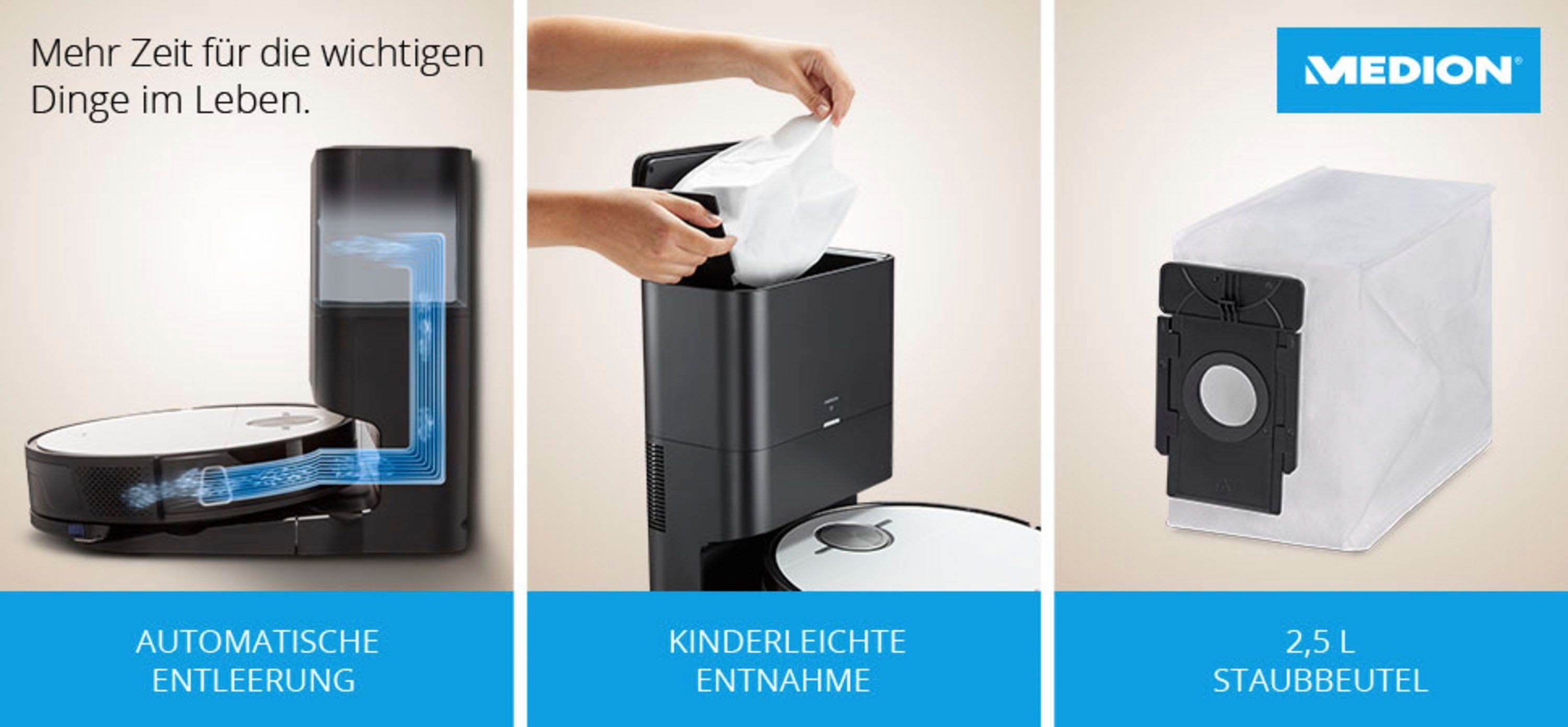 Medion® Saugroboter X50 SW (MD20004), mit Absaugstation, starke 8.000 Pa Saugkraft, No Go & Go Bereiche