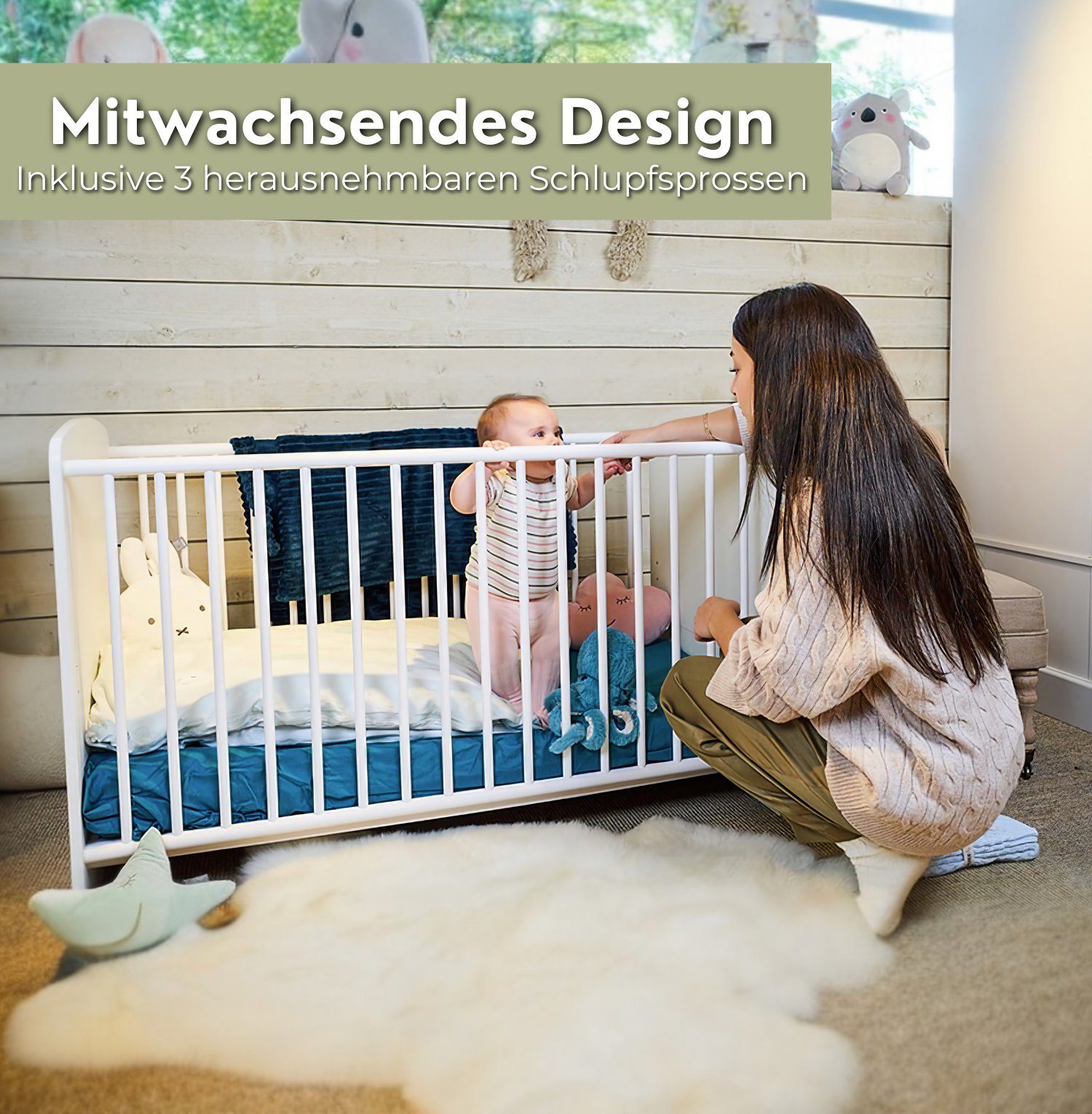 Alavya Home® Babybett STORM I Kinderbett Umbaubares Gitterbett höhenverstellbar, Babybett 60x120 cm inkl. Lattenrost mit herausnehmbare Sprossen