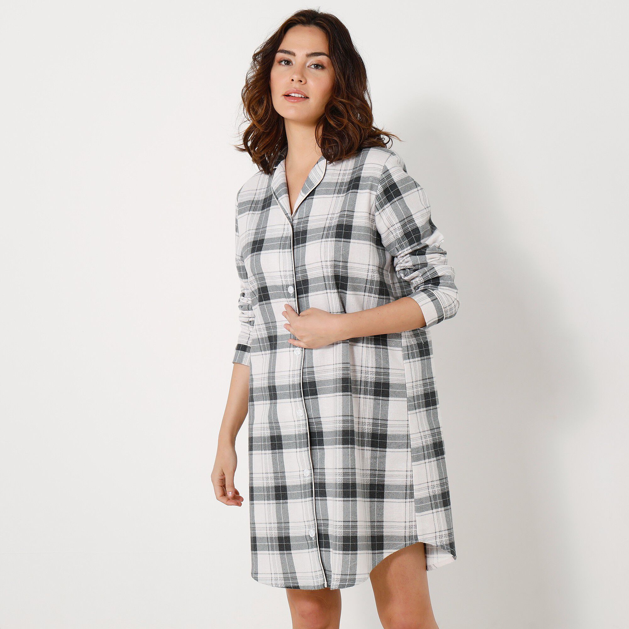 Chemise de nuit en pilou forme liquette imprimé carreaux