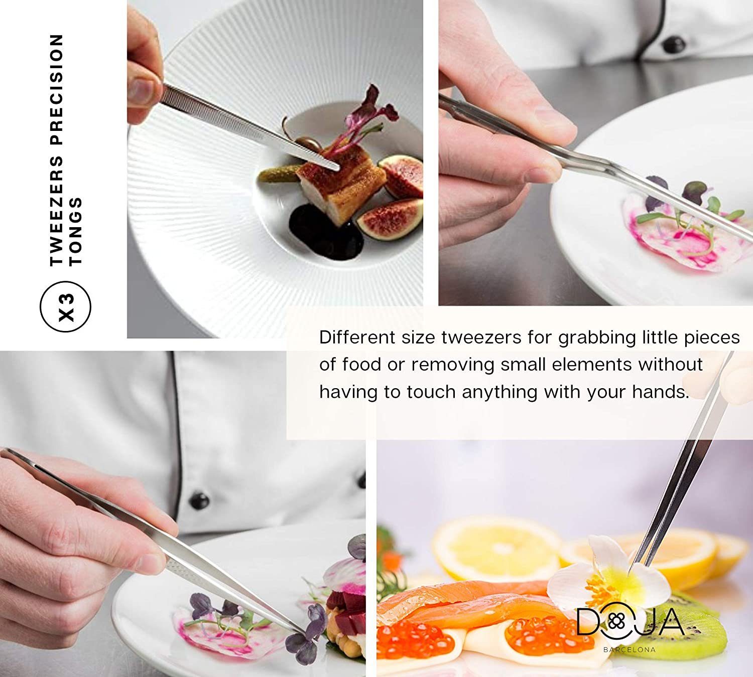UE Stock Kochbesteck-Set Barcelona Küchen Chef Kochutensilien 7-teilig (Edelstahl Plating Kit Kuechen-Werkzeug Koch Set - Deko Garnieren Gadgets - PERFORIERTLÖFFEL - DEKOLÖFFEL - SPREIZSPACHTEL - FISCHKNOCHENENTFERNER-ZANGE - PRÄZISE PINZETTEN, 7-tlg
