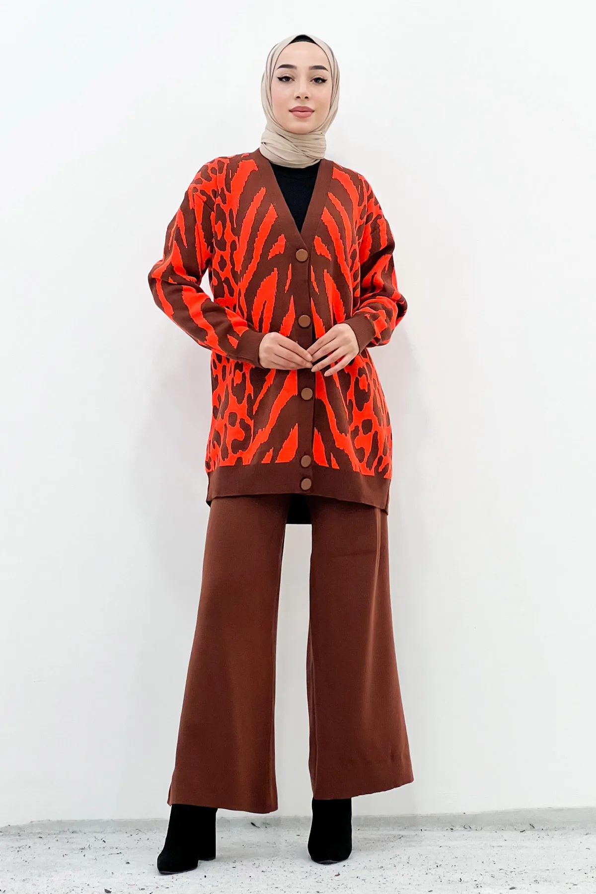 Tesettür Dünyası  Strickanzug mit Zebramuster Tsd221009 Orange