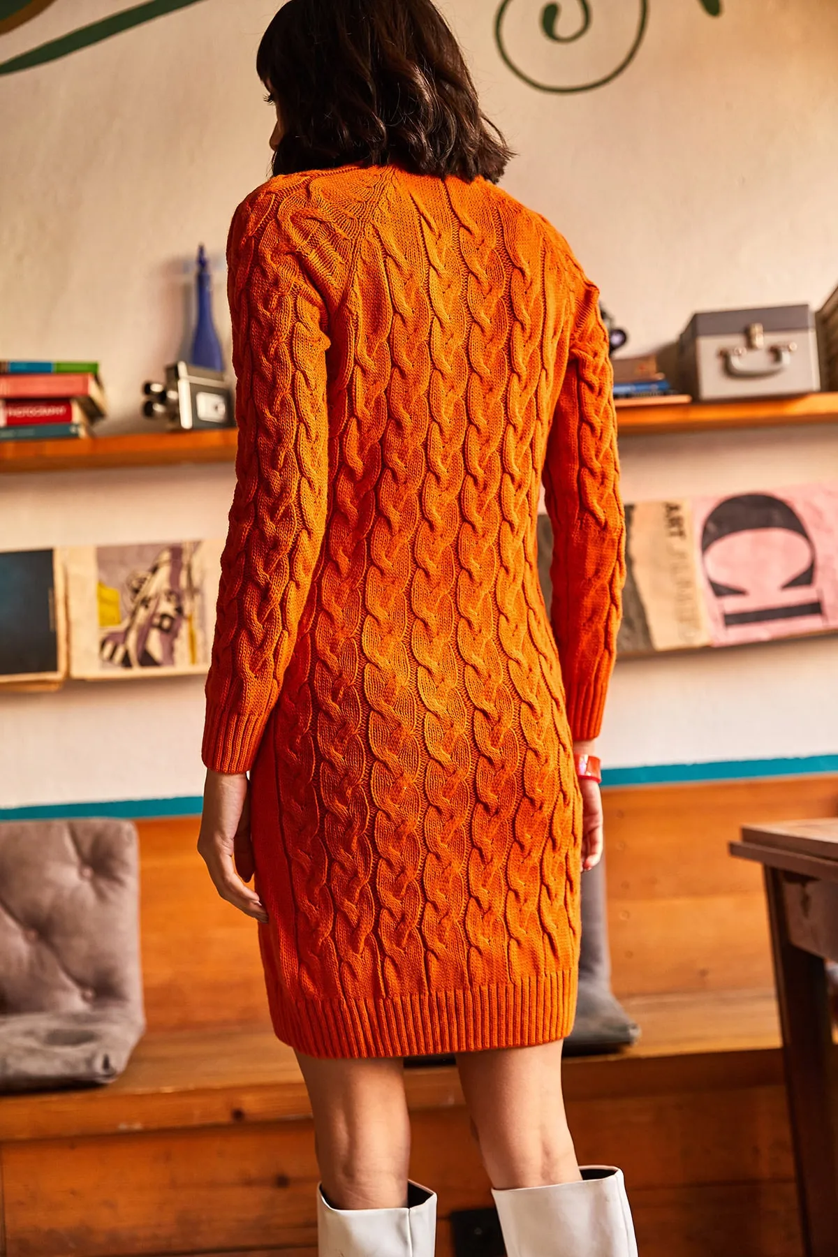 Olalook  Geflochtenes Strickkleid mit orangefarbenem Reißverschluss für Damen ELB-19001362