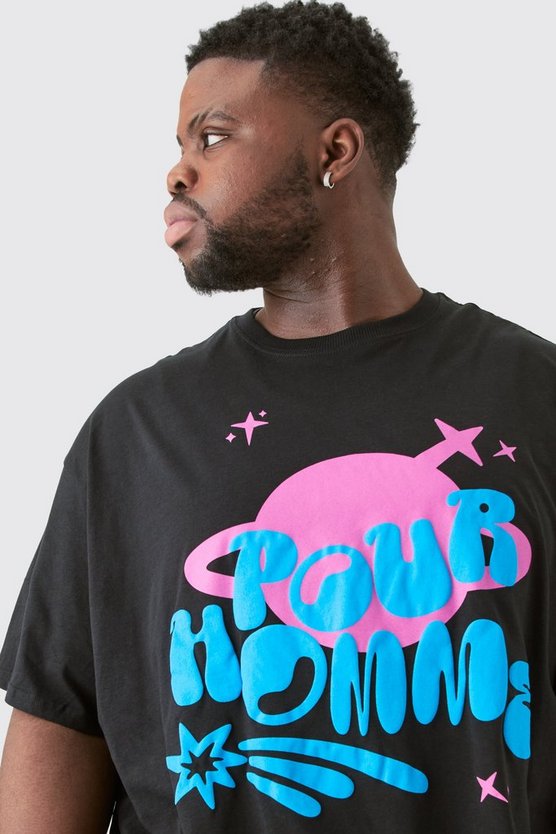 Plus Schwarzes T-Shirt mit Space Pour Homme Print