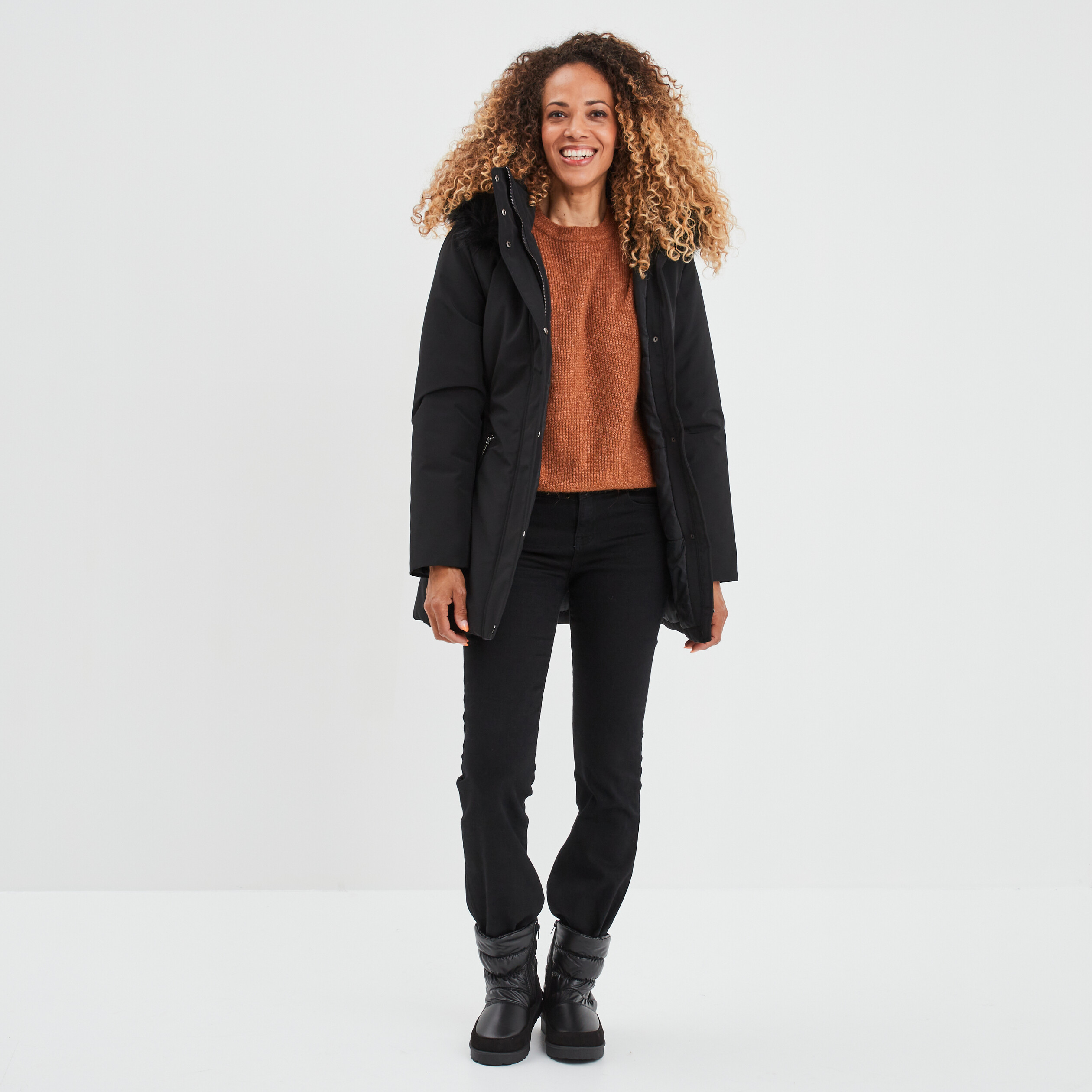 Parka mi-longue à capuche fourrure noir femme | La Halle
