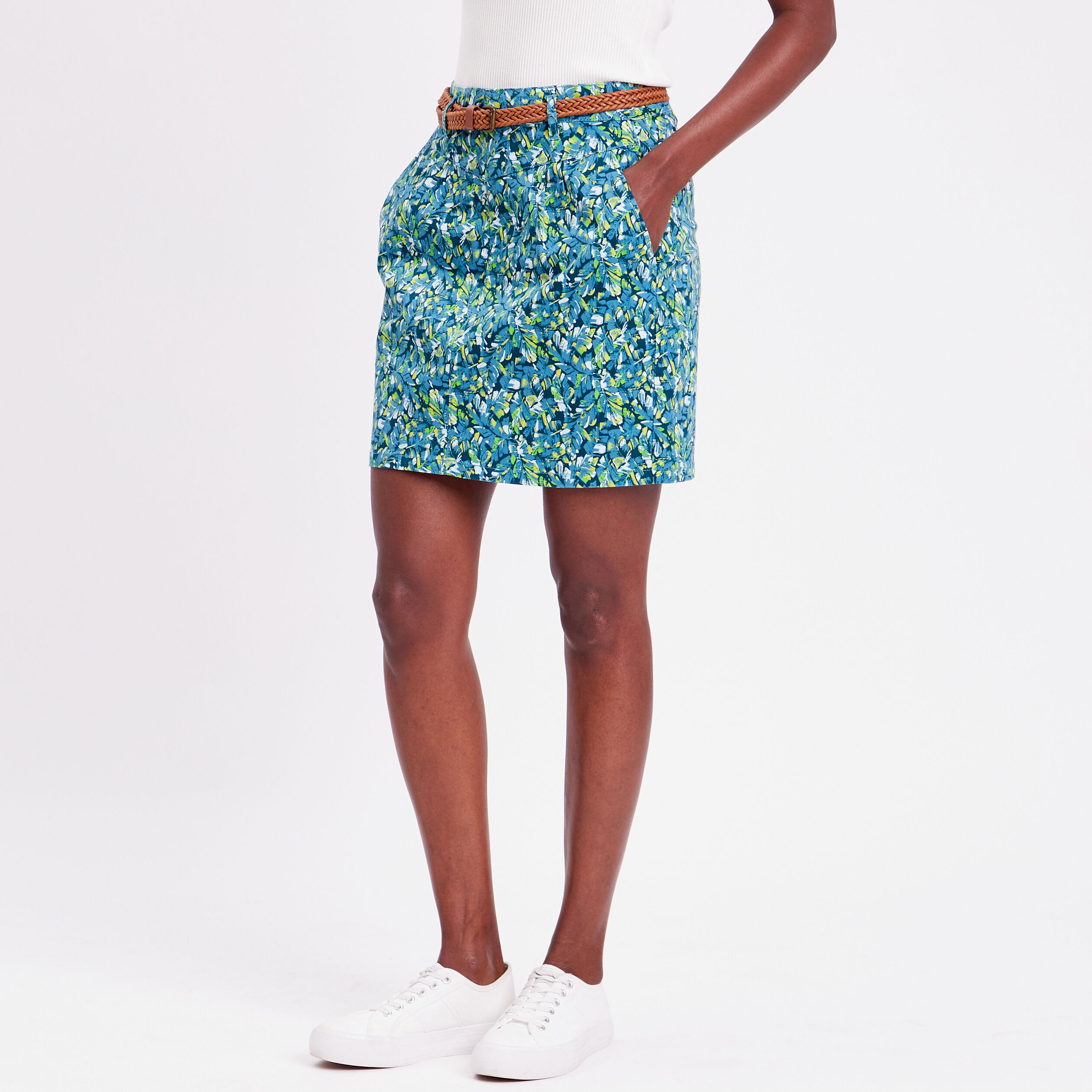 Jupe chino droite ceinturée bleu femme | Cache Cache