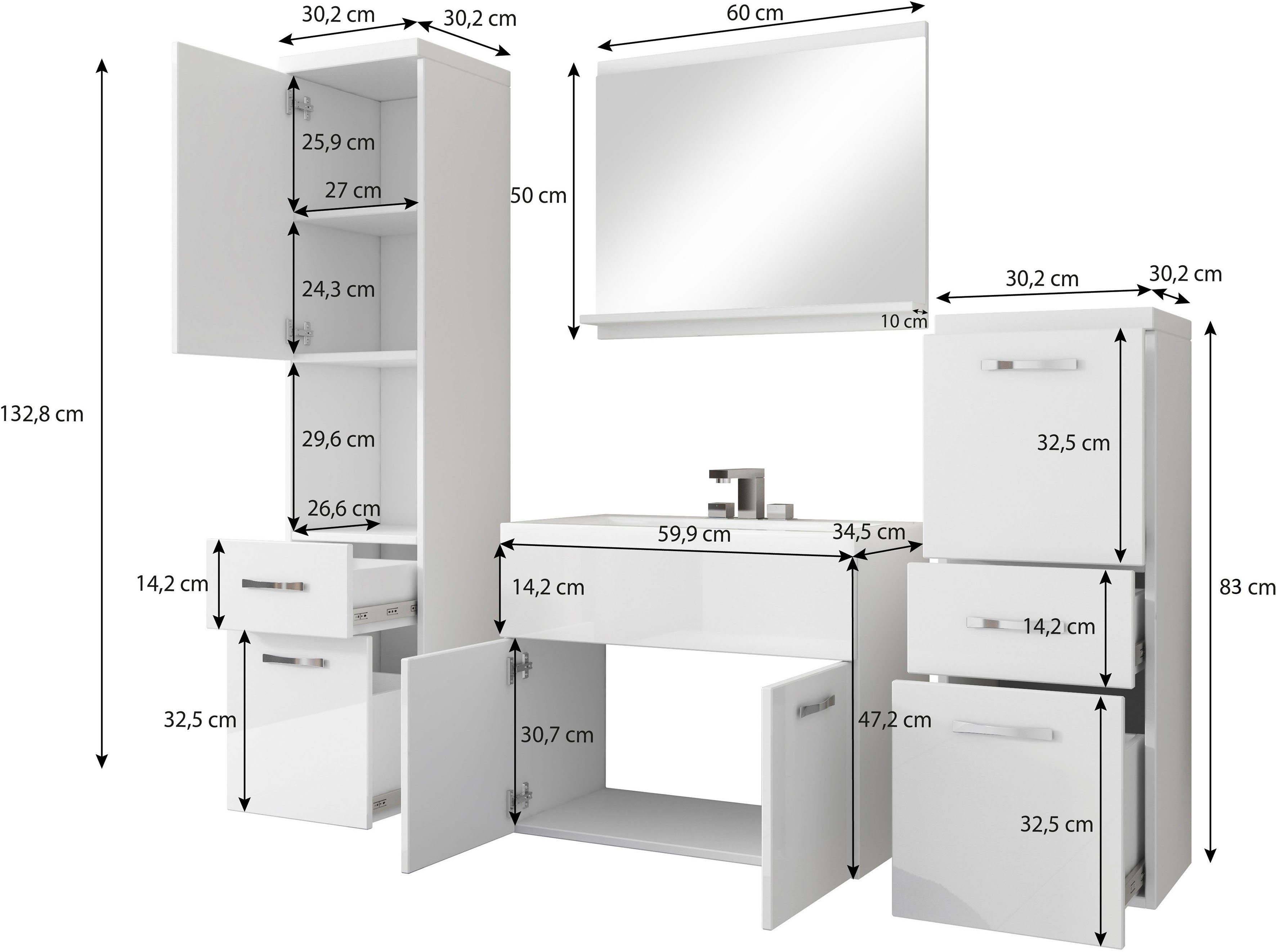 welltime Badmöbel-Set ELDA, (Komplett-Set, 5-St), Waschtisch inkl. Waschbecken, Hochschrank, Badschrank und Spiegel