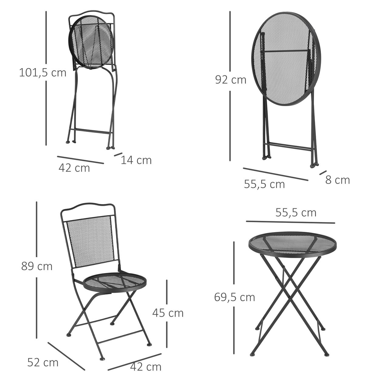 Outsunny Sitzgruppe 3-teilige Essgruppe Bistro-Set Gartenmöbel-Set Balkonmöbel Set 1 Tisch 2 Stühle mit Schirmloch Terrasse Metall Schwarz