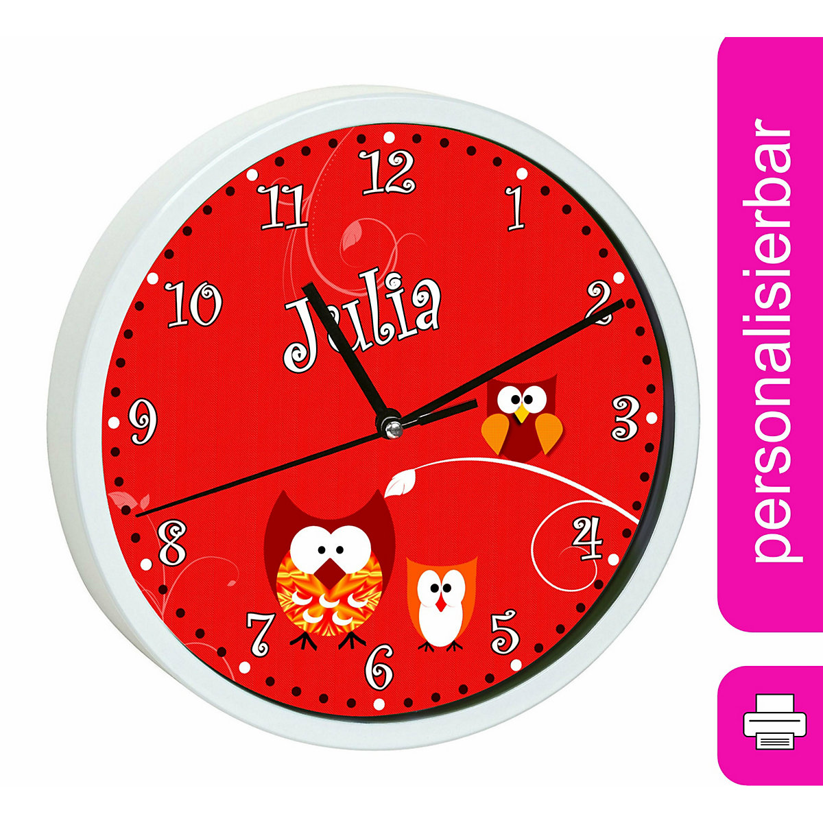 Kinder Wanduhr personalisiert mit Name Eule Rot