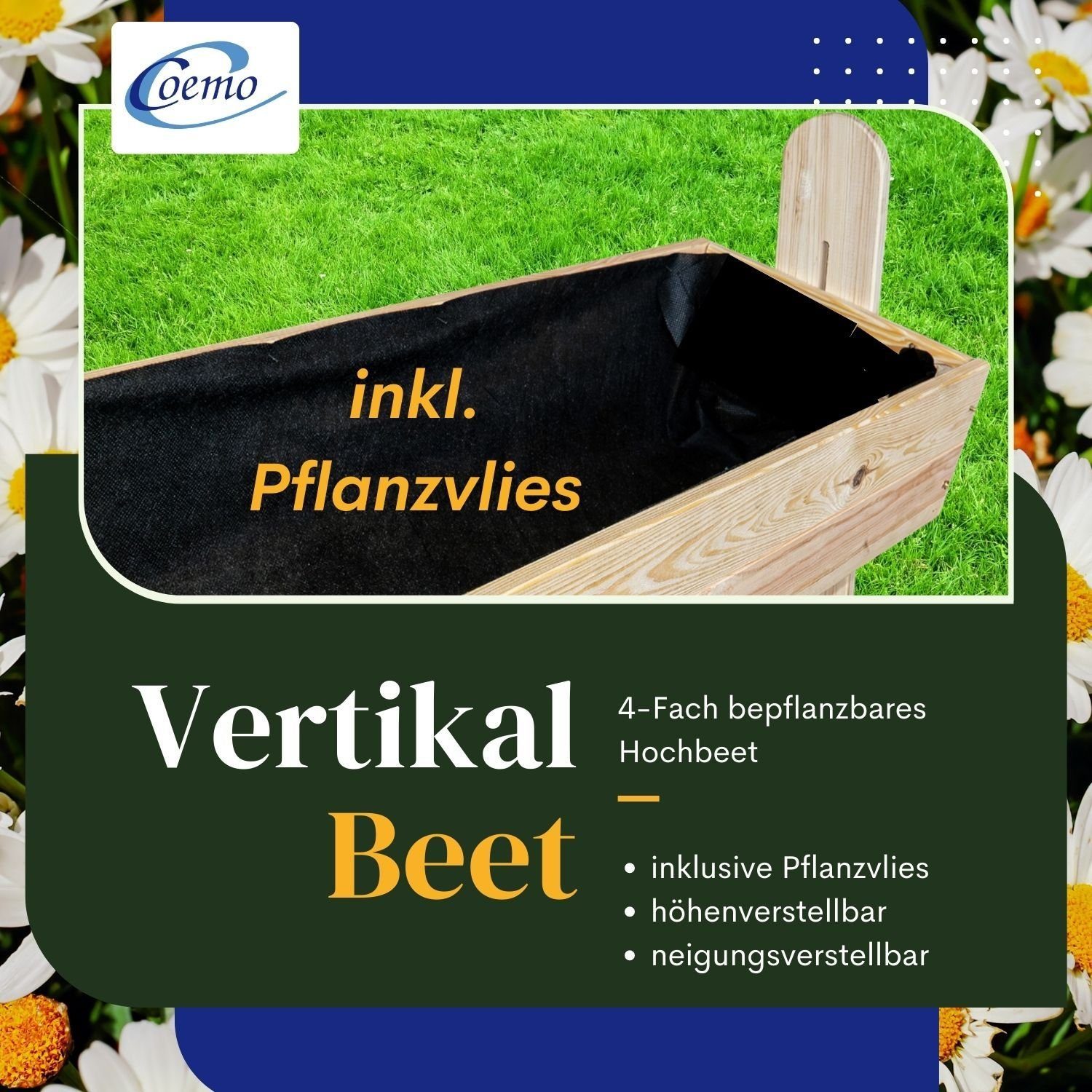 Coemo Hochbeet, Vertikalbeet aus Holz mit 4 neigbaren Pflanzkästen