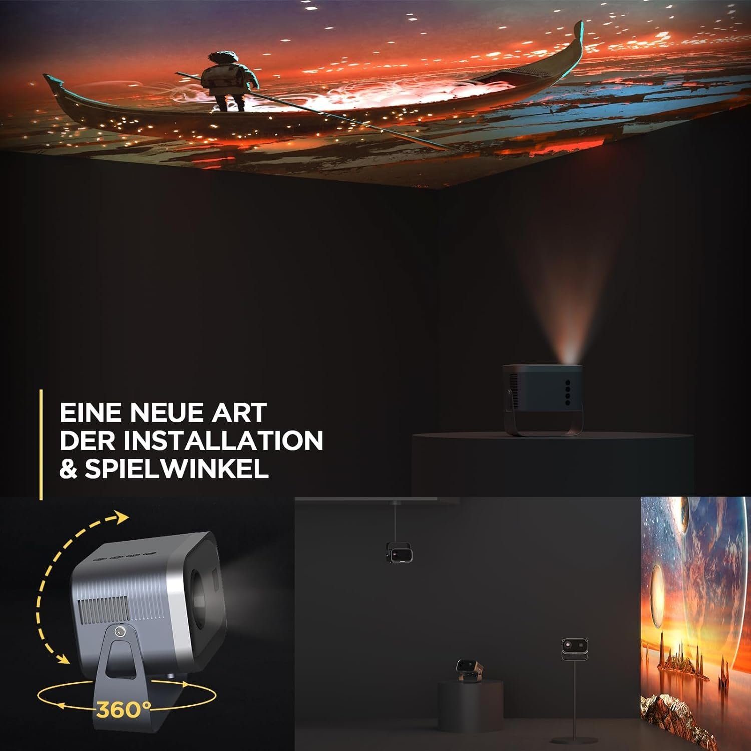 JUNG Mini Tragbarer Beamer Trapezkorrektur 4K 200 ANSI Smart Projektor WiFi Mini-Beamer (12000:1, 1920 x 1080 px, 4k Heim Kino Full HD Smart Heimkino Bluetooth Tragbar Mobil Minibeamer)