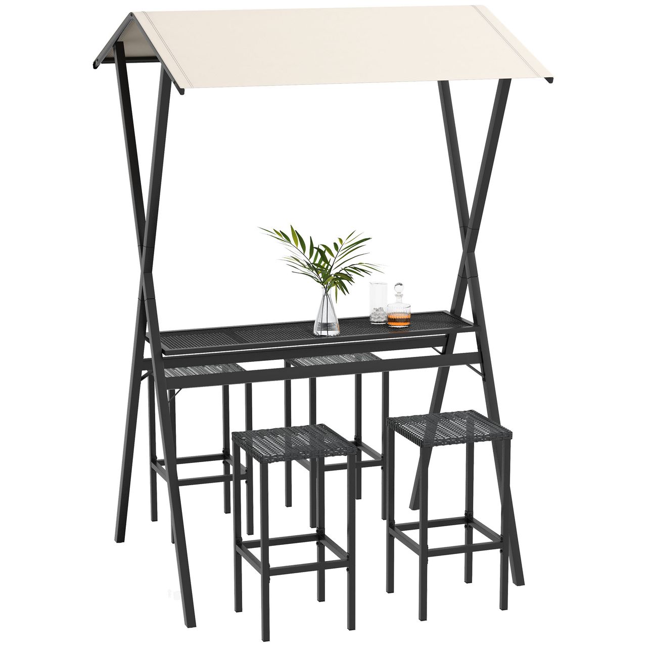 Outsunny Gartenbar-Set Rattan Bartisch mit 4 Barhockern, Stehtisch mit Dach