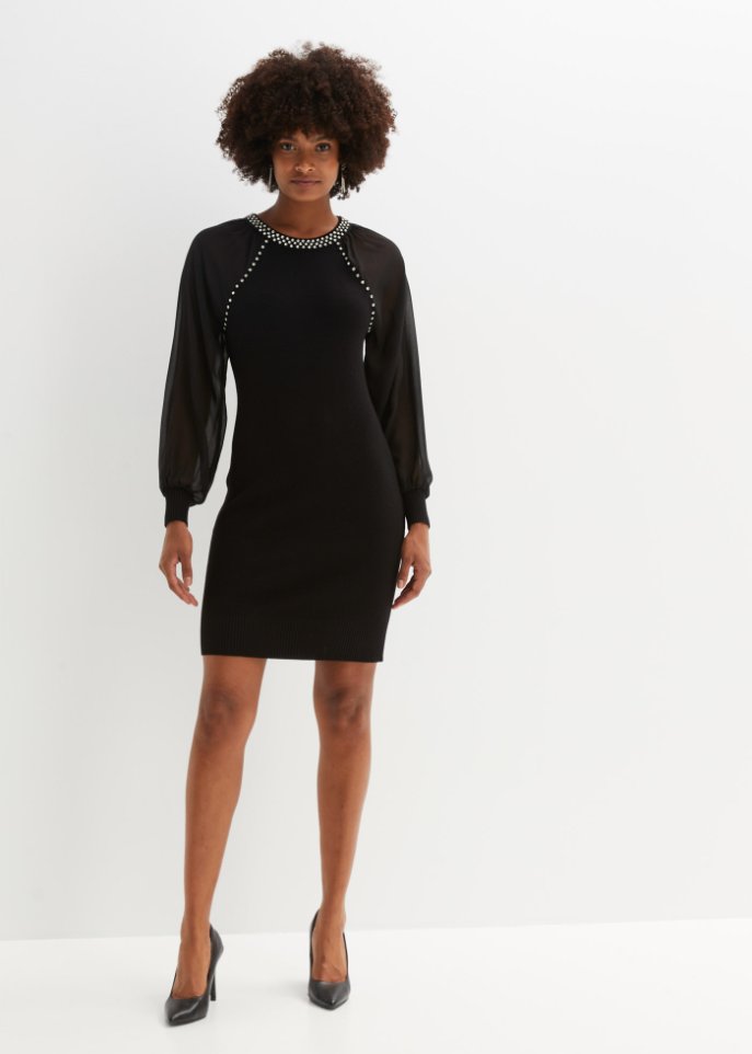 Strickkleid mit Strass und Chiffon-Ärmeln