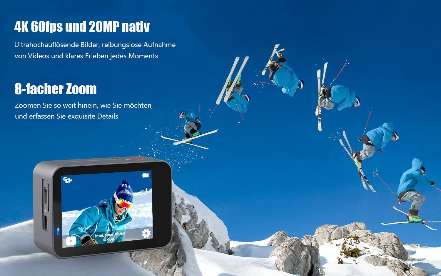 COOAU CU-SPC02 Action Cam 4K 60fps 20MP Touchscreen WiFi Sport Kamaras Action Cam (Ultra HD 4K, 2.4GHz WLAN( WiFi, 8x opt. Zoom, 6-Achsen-Anti-Shake-EIS,mit 8 x Zoom,Externem Mikrofon, 2-Zoll-IPS-empfindliche Touchscree, 2x1350mAh Akkus, 16 Zubehör K
