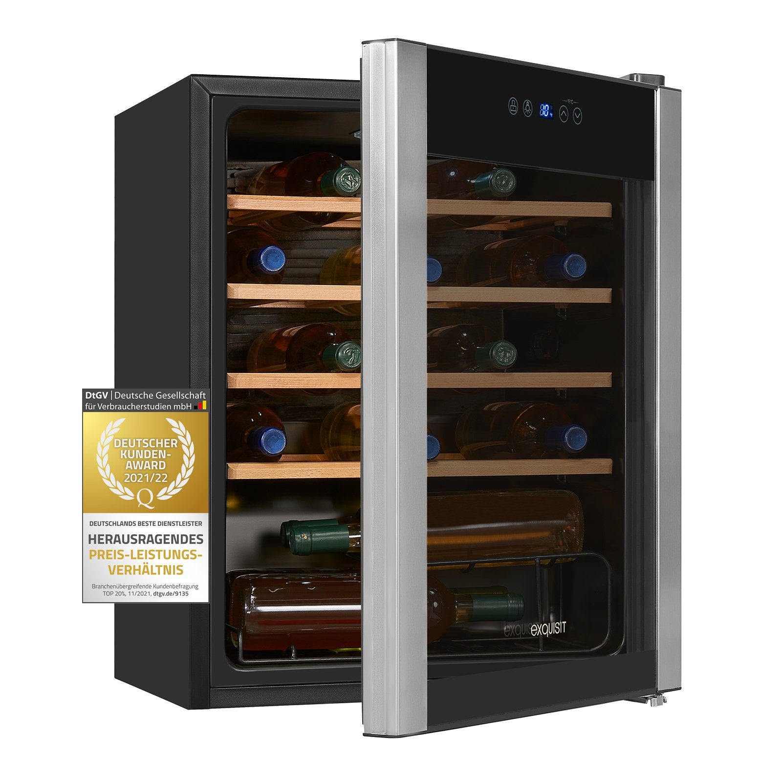 exquisit Weinkühlschrank WS1-24-GTE-030G, für 24 Standardflaschen á 0,75l, flexible Kühlung Ihre Weine mit digitaler Kontrolle und LED-Beleuchtung