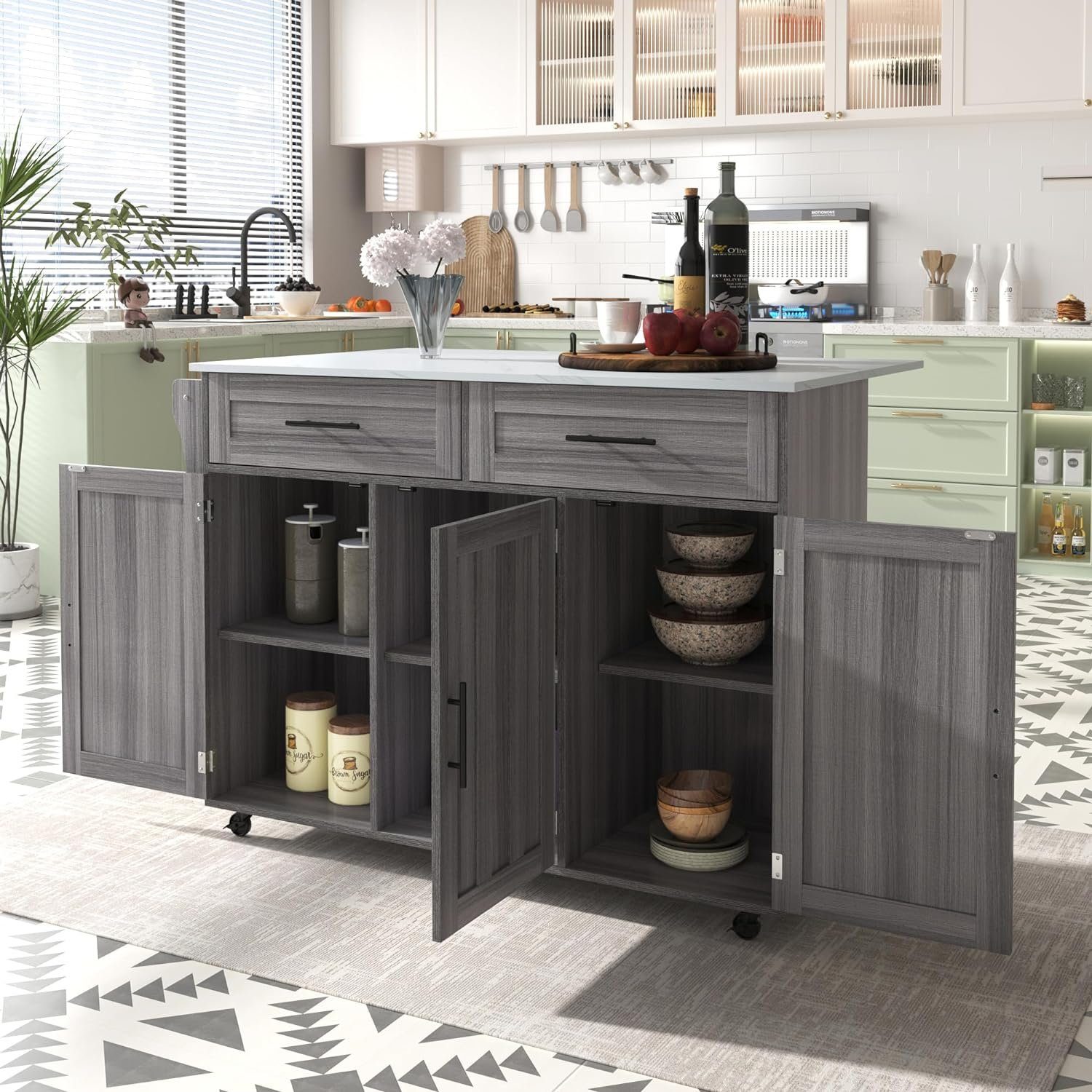 BlingBin Sideboard Speisewagen Faltbare Arbeitsplatte mit Massivholzmaserung + Schrank (1er Set, 1 St., Sideboard), Aufbewahrungstür-Design/Räder/Massivholzfüße umschaltbar