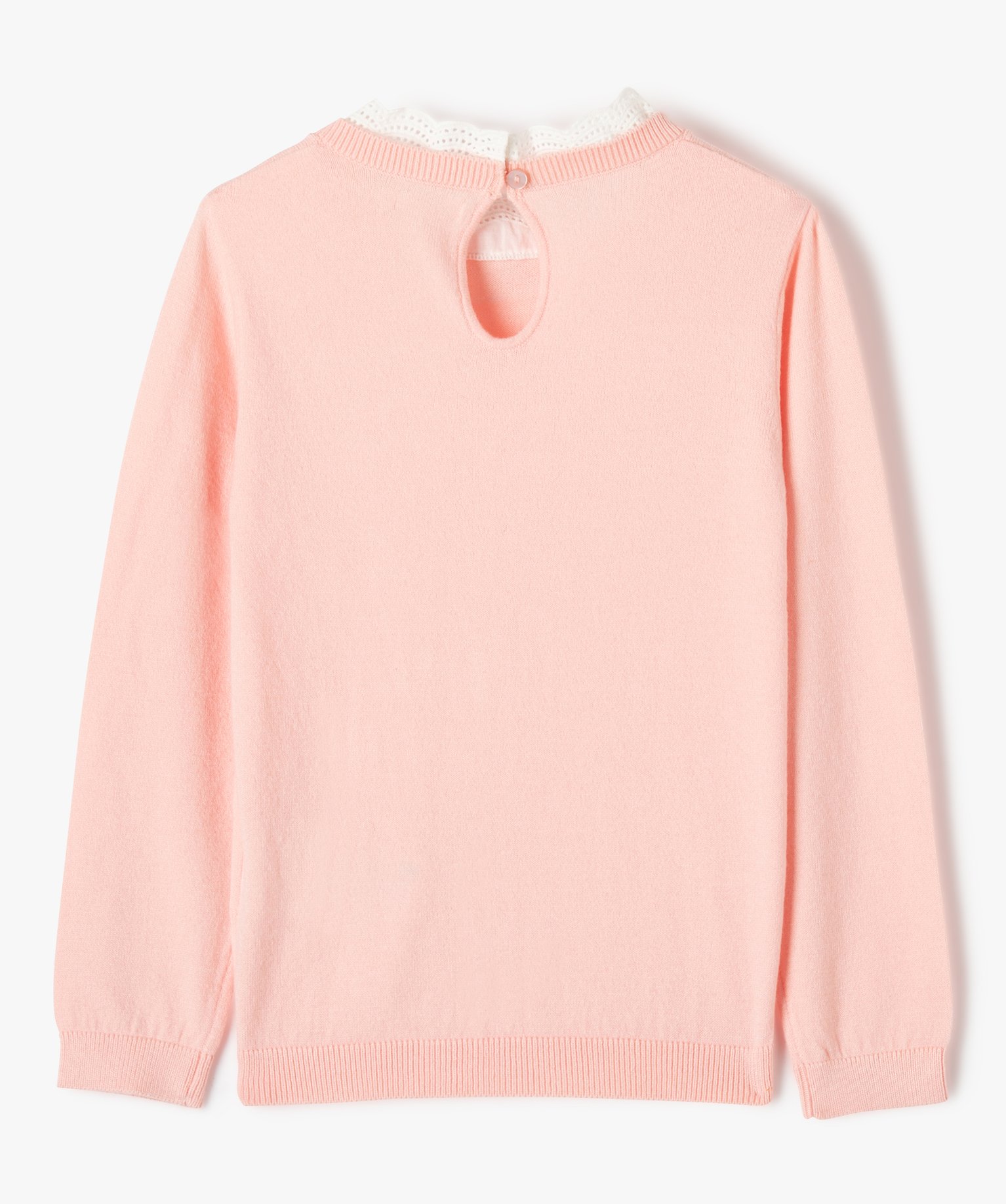 Pull fille en fine maille à col dentelle et motif animal rose | GEMO
