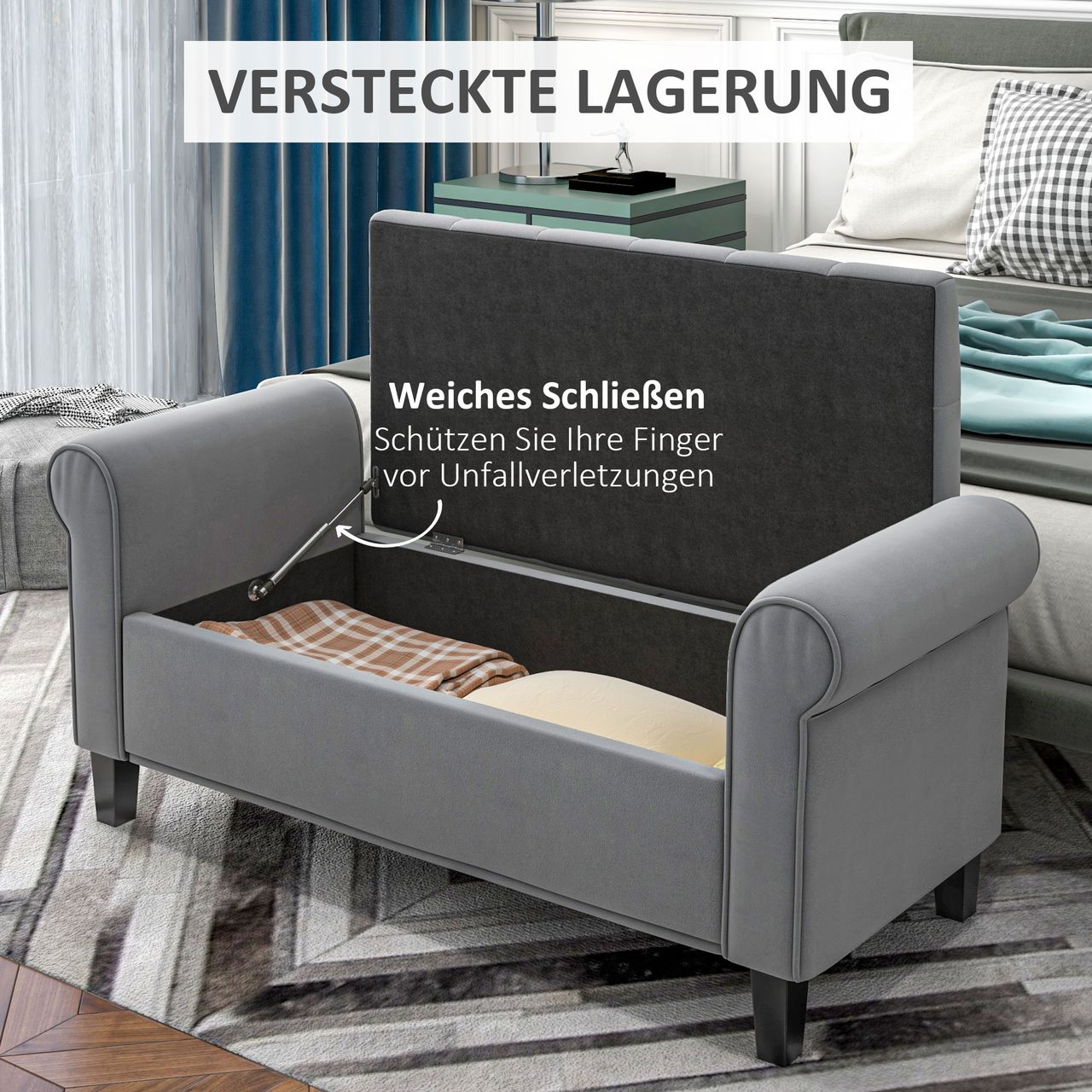 HOMCOM Polsterbank Bettbank, Sitzbank in Samtoptik, Flurbank mit Stauraum, Grau