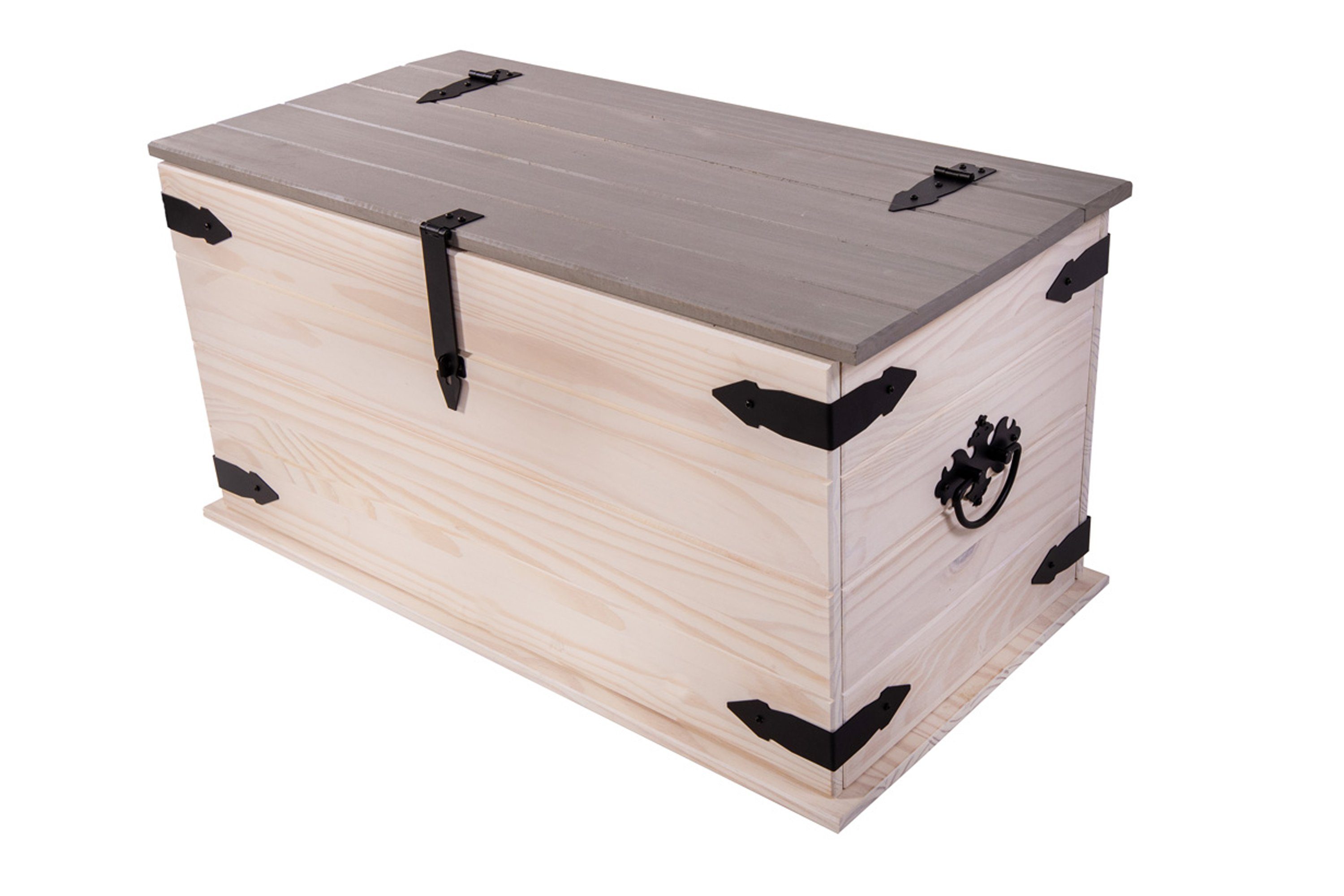 Junado® Truhentisch Merida, aus massivem Pinienholz, Mexiko-Design, weiß lasiert, graue Deckplatte