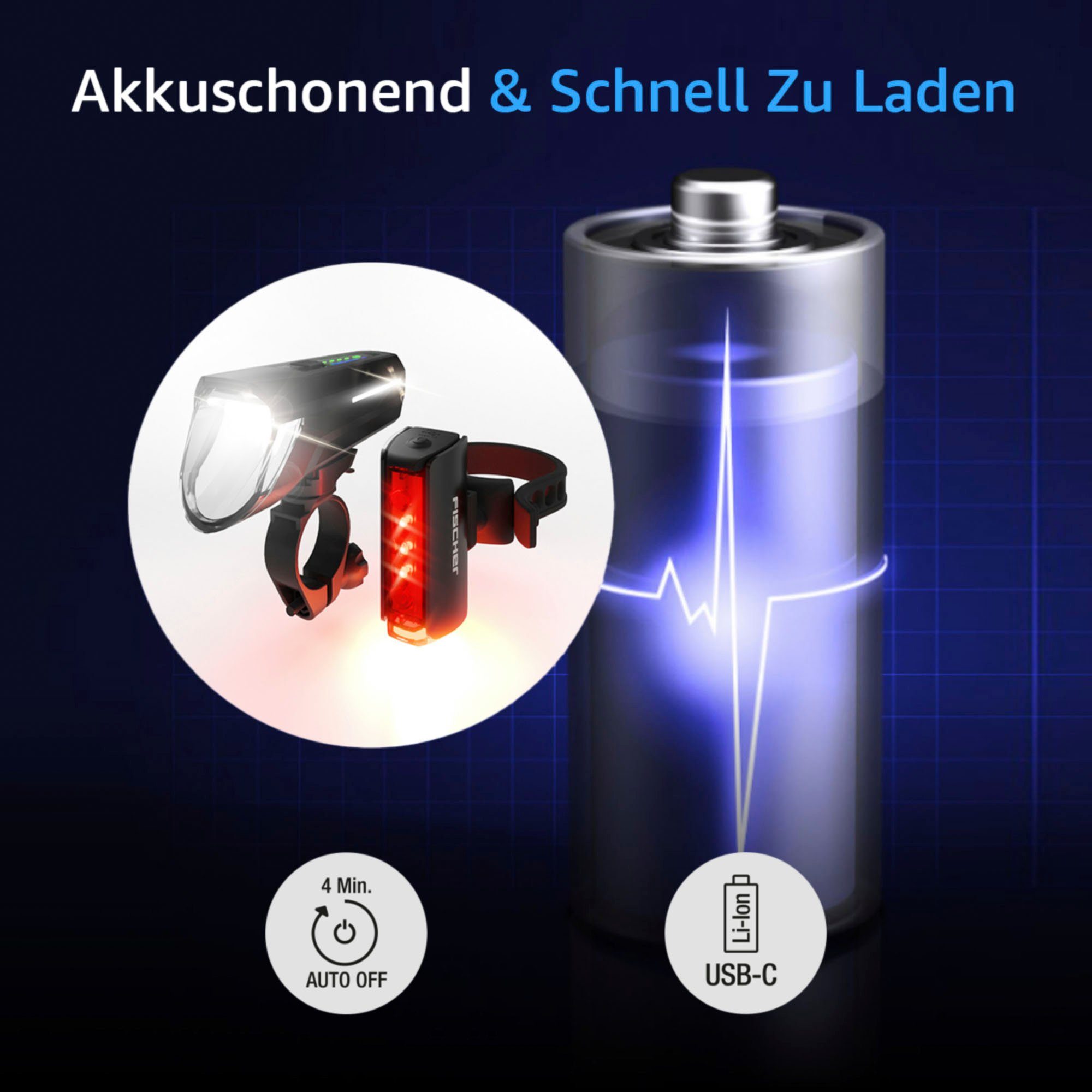FISCHER Fahrrad Fahrradbeleuchtung LED-Akku-Bel. Set PLUS 110 + TWIN STOP