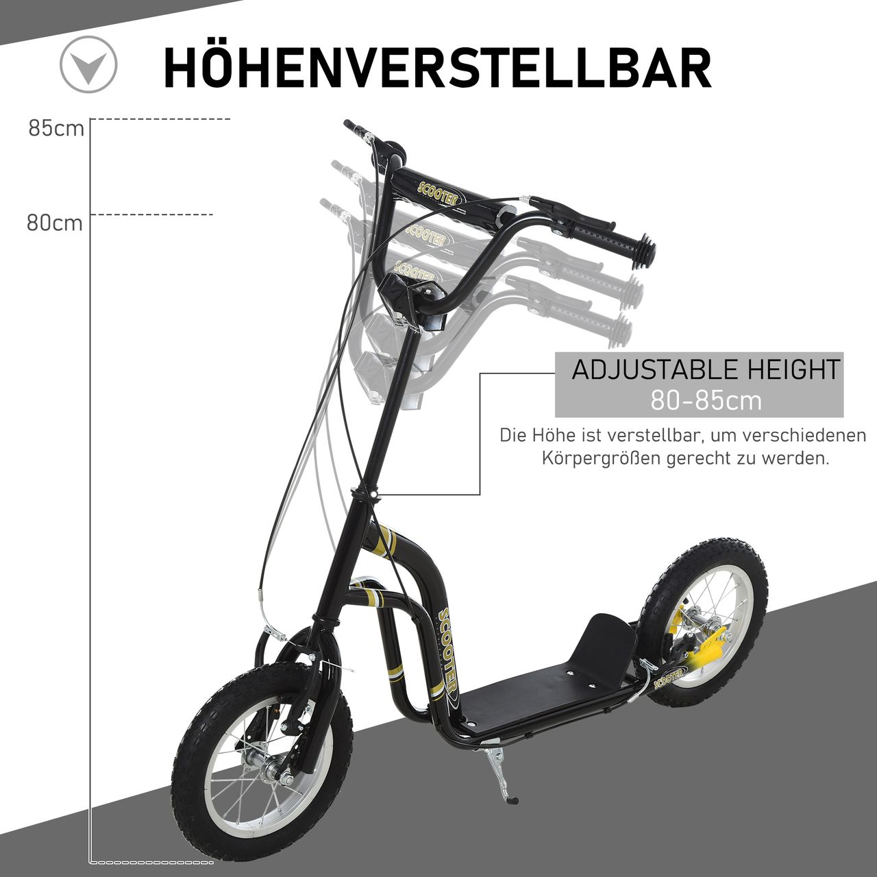 HOMCOM Kinderroller Scooter Tretroller Cityroller Kinder Roller Kickboard mit Luftreifen 12 Zoll Schwarz 120 x 58 x 85-95 cm