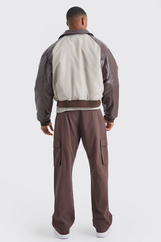 Kastige PU & Kontrast Nylon-Bomberjacke