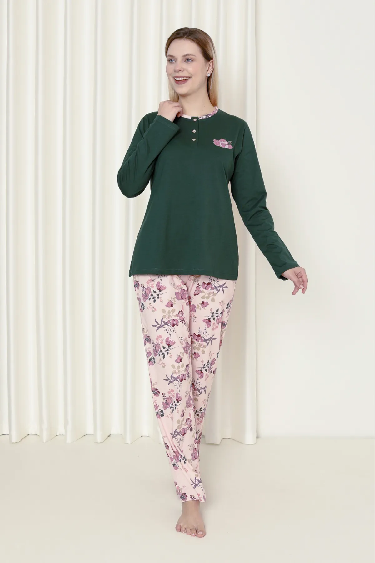 AHENGİM  Damen-Pyjama-Set für Damen, Single-Jersey, langärmelig, Blumenmuster, Baumwolle, saisonal, W20242241
