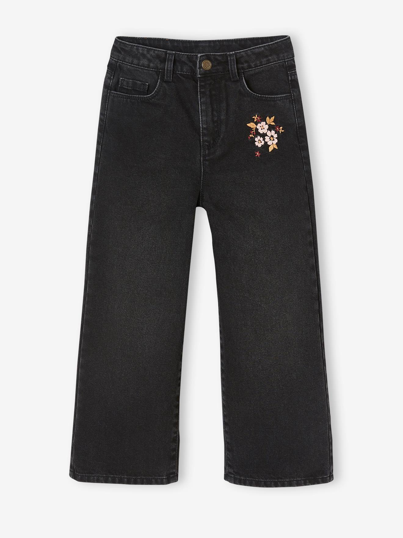 Jean large brodé fleurs fille noir imprimé