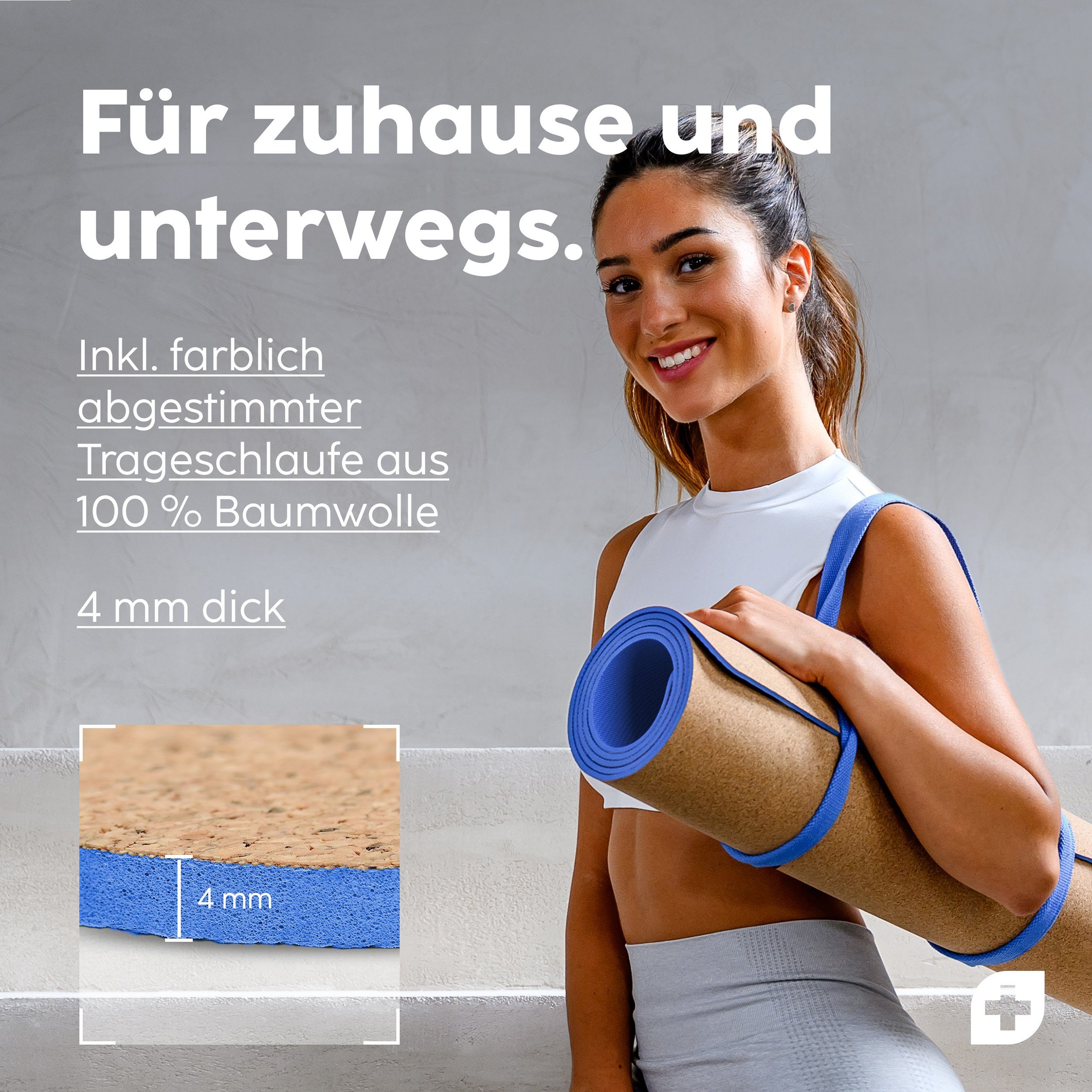 Vesta+ Yogamatte Vesta+ Yogamatte Kork Naturkautschuk + Fitness App. (1x Yogamatte Kork Naturkautschuk, 1x Fitness App Zugang), Bester Halt dank rutschfestem Kork und Naturkautschuk.