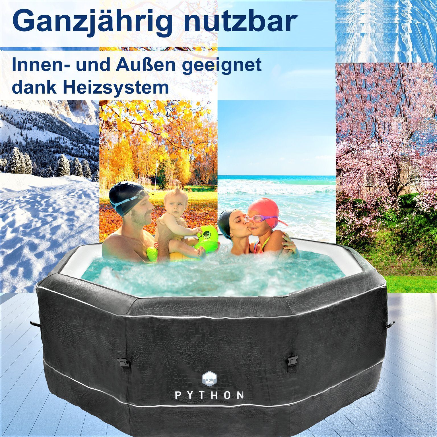 JUNG Whirlpool Python aufblasbarer Whirlpool Outdoor Set, beheizt, 5 Pers., Ø 185cm, (Sprudelbad 850L, 9-tlg., mit Filterkartusche), Winterfest Komplett Set, Spa Pool, Selbstaufblasend, Bubble Wellness