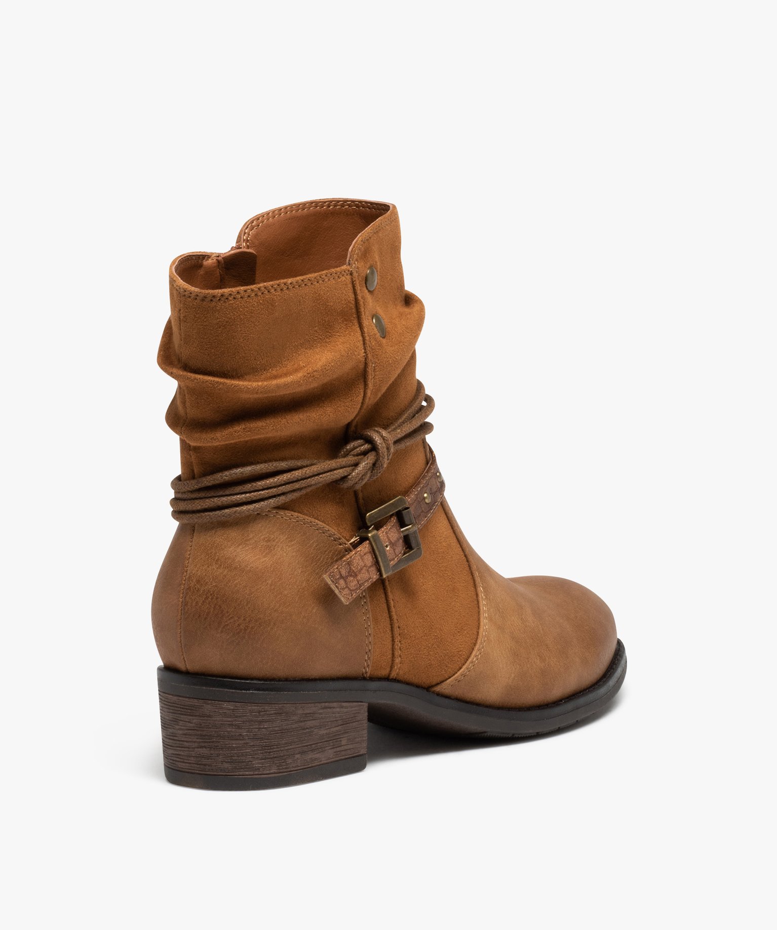 Boots femme dessus uni en suédine avec brides fantaisie camel | GEMO
