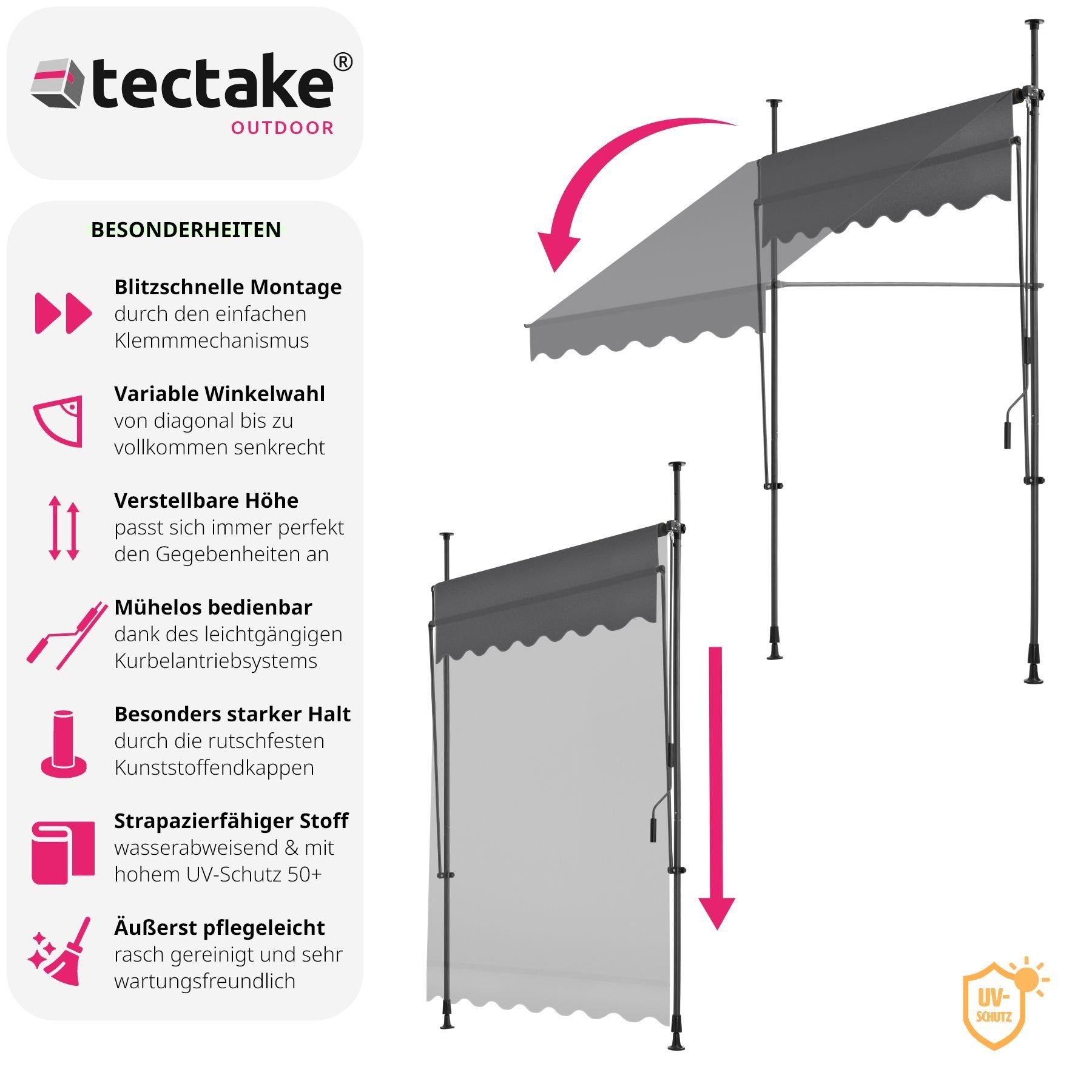 tectake Klemm-Senkrechtmarkise Klemmmarkise mit Handkurbel, höhenverstellbar