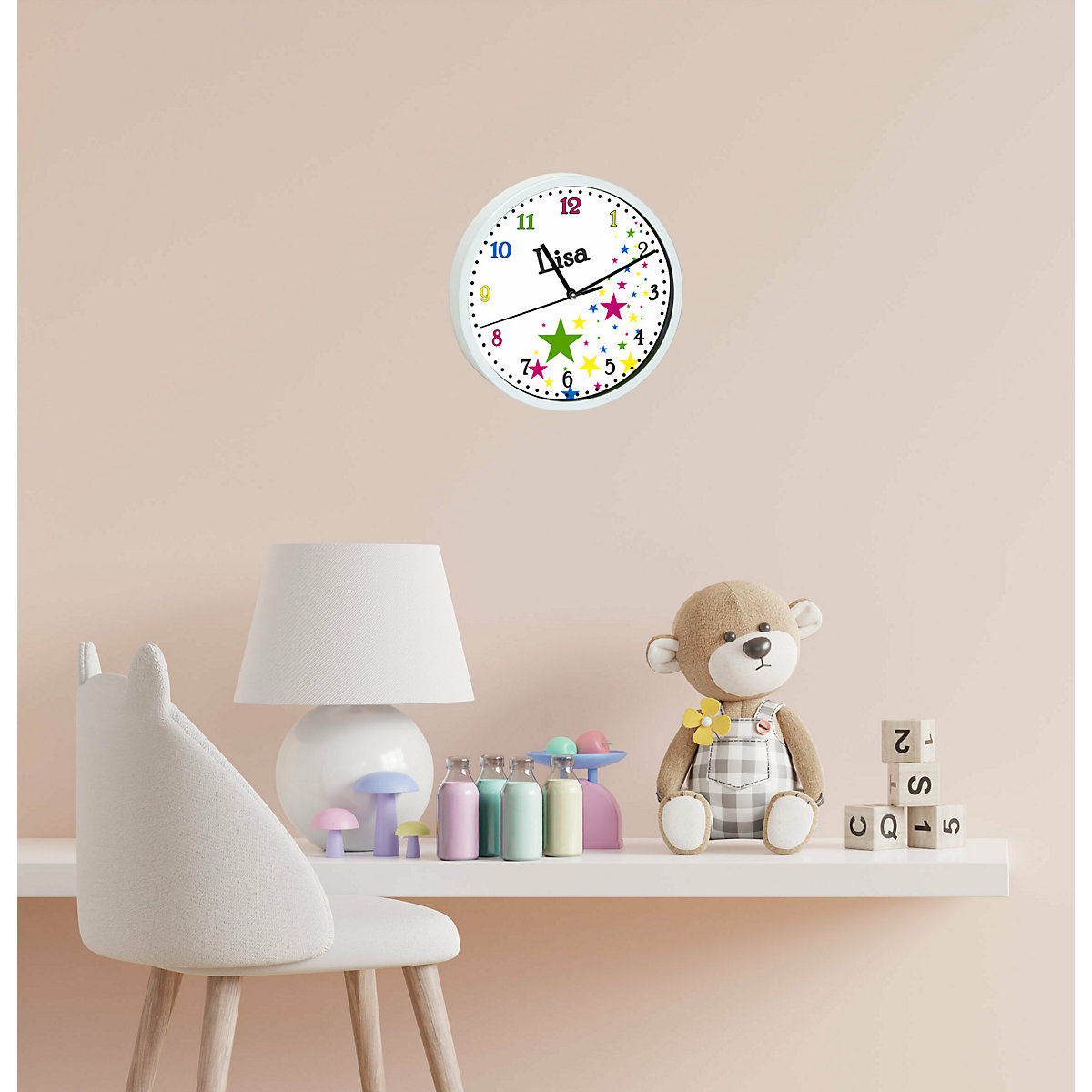 Kinder Wanduhr personalisiert mit Name Sterne