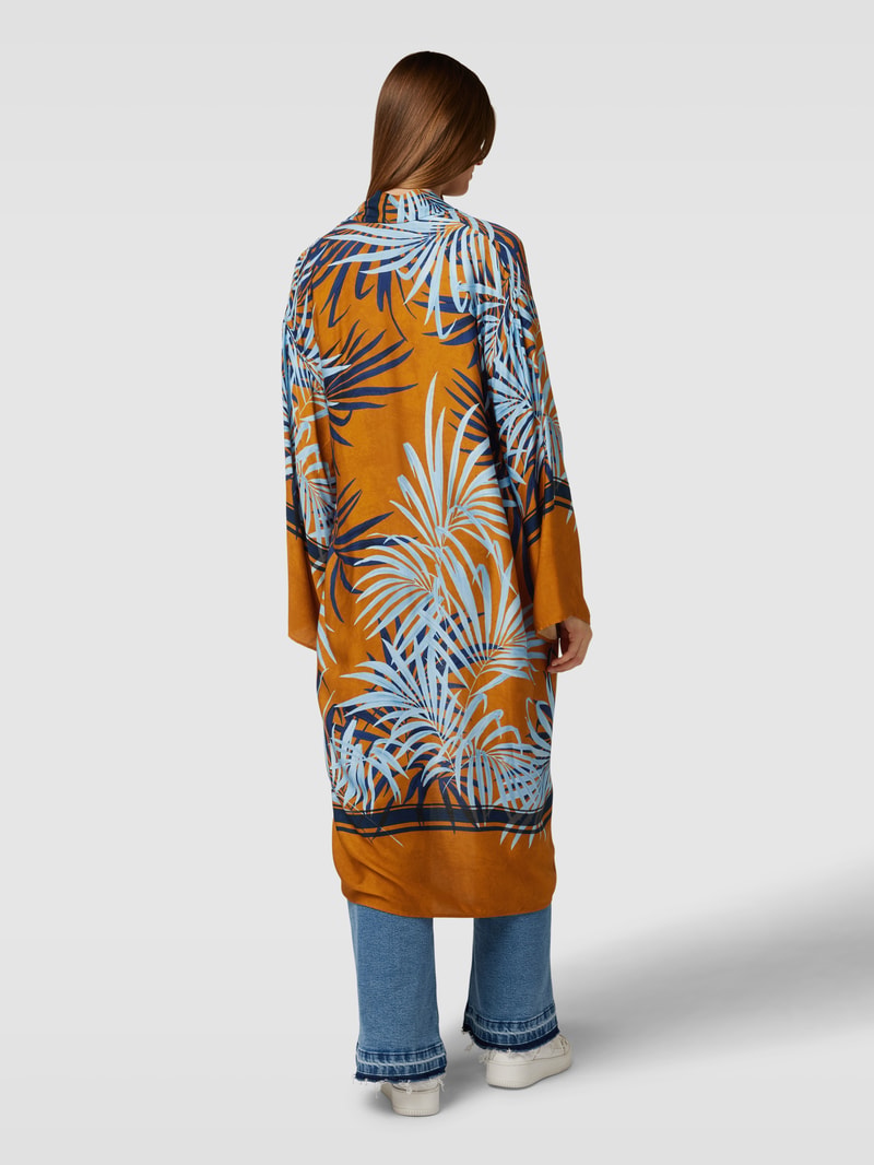 Kimono mit Allover-Muster Modell 'Palme' in cognac