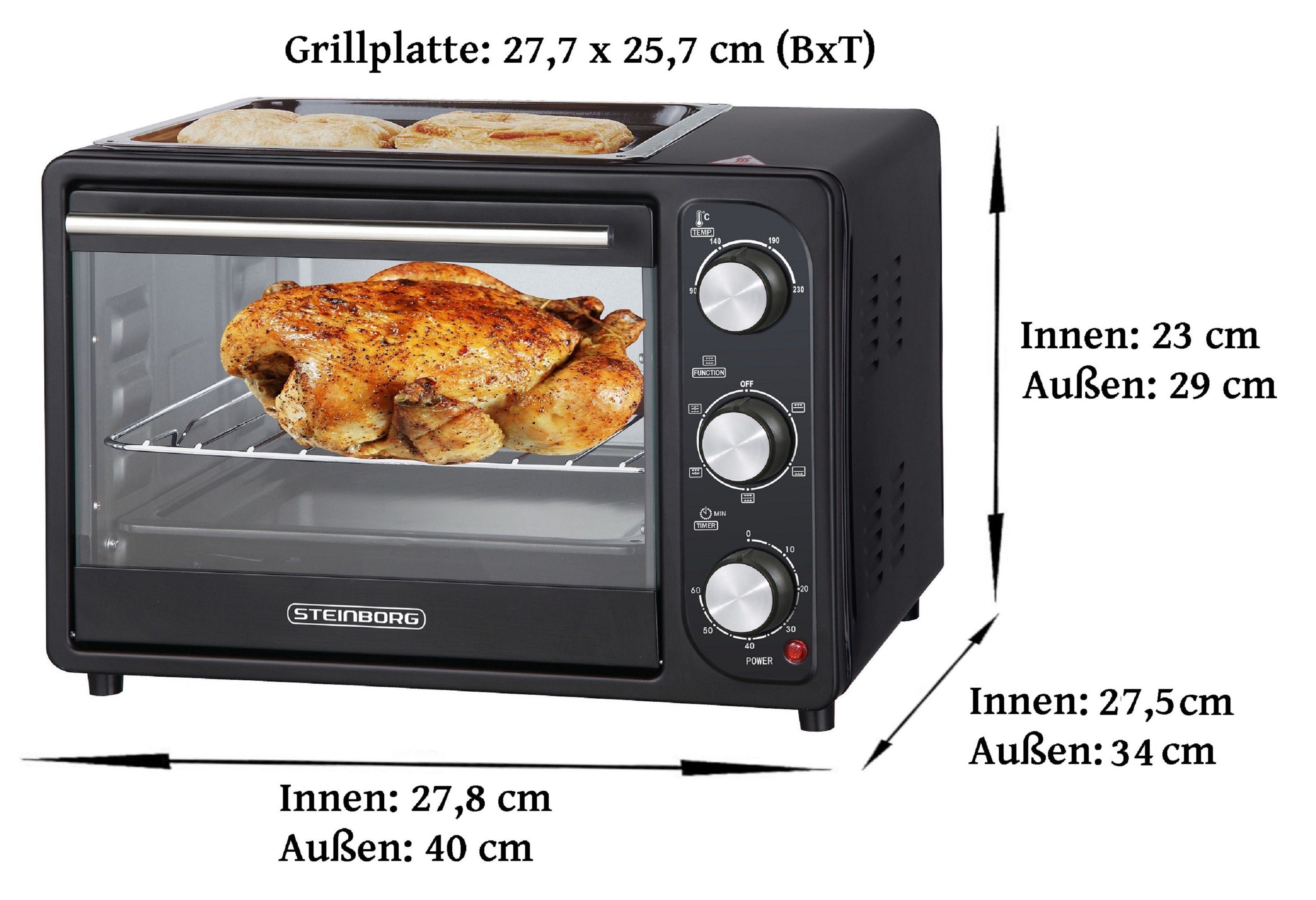 STEINBORG Minibackofen SB-3001, 20 Liter, Umluft, 3 in 1 Funktion, Grillplatte, großes Sichtfenster, 1300 Watt