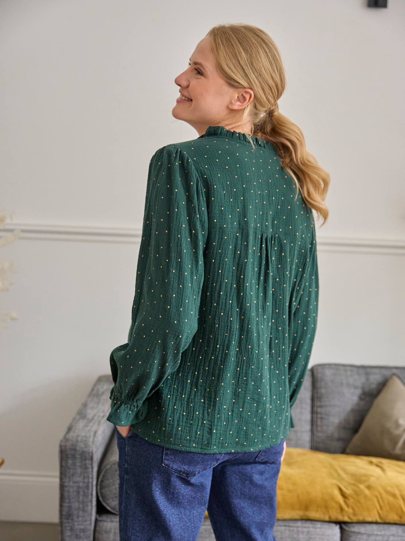 Blouse gaze de coton grossesse et allaitement vert sapin