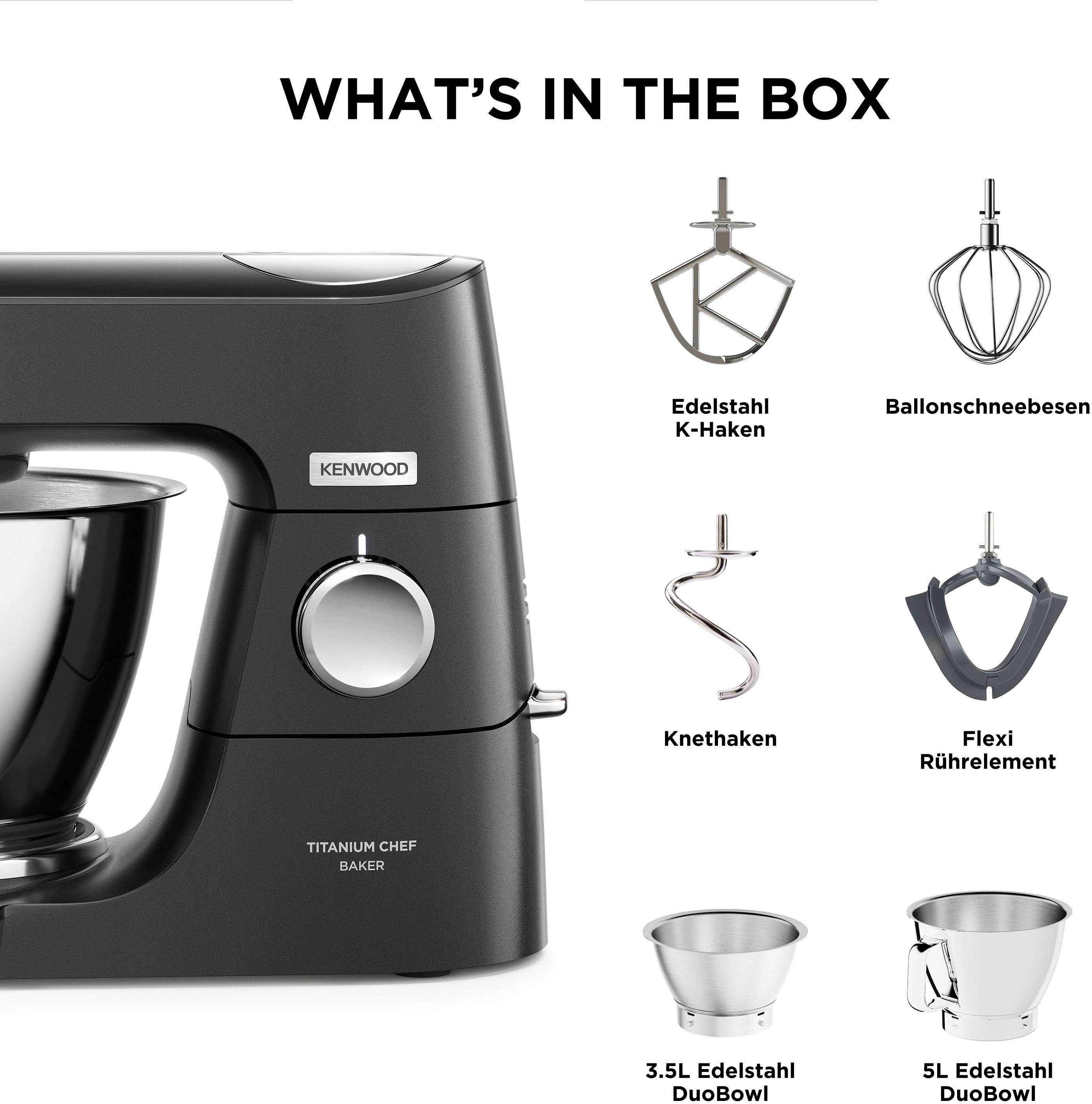 KENWOOD Küchenmaschine Titanium Chef Baker KVC85.004BK, 1200 W, 5 l Schüssel, Zubehör, Gratis Wert: UVP 319,- Gratis Mixaufsatz + Schnitzelwerk