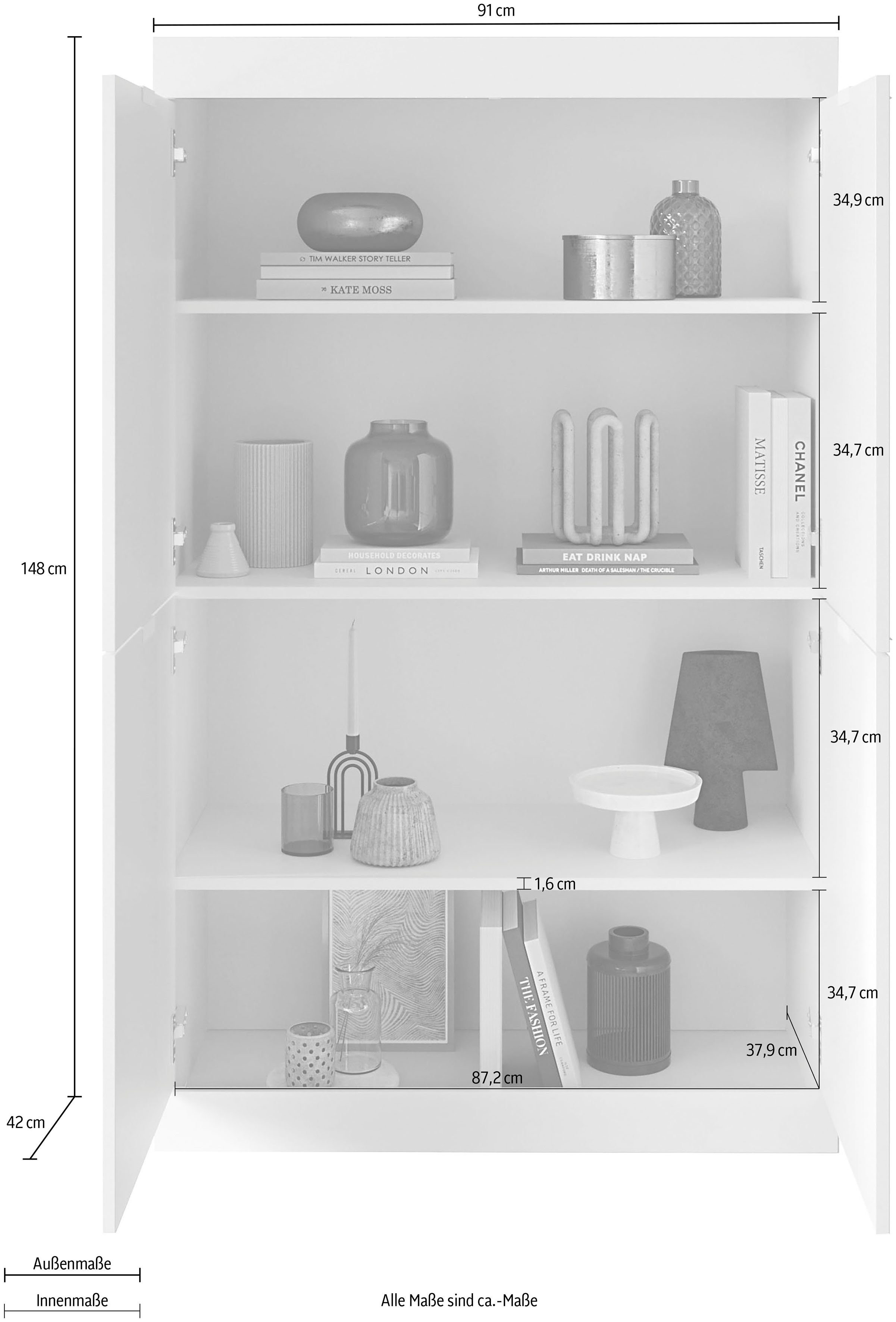 LC Highboard Slim, Breite 91 cm, weiß Hochglanz Lack