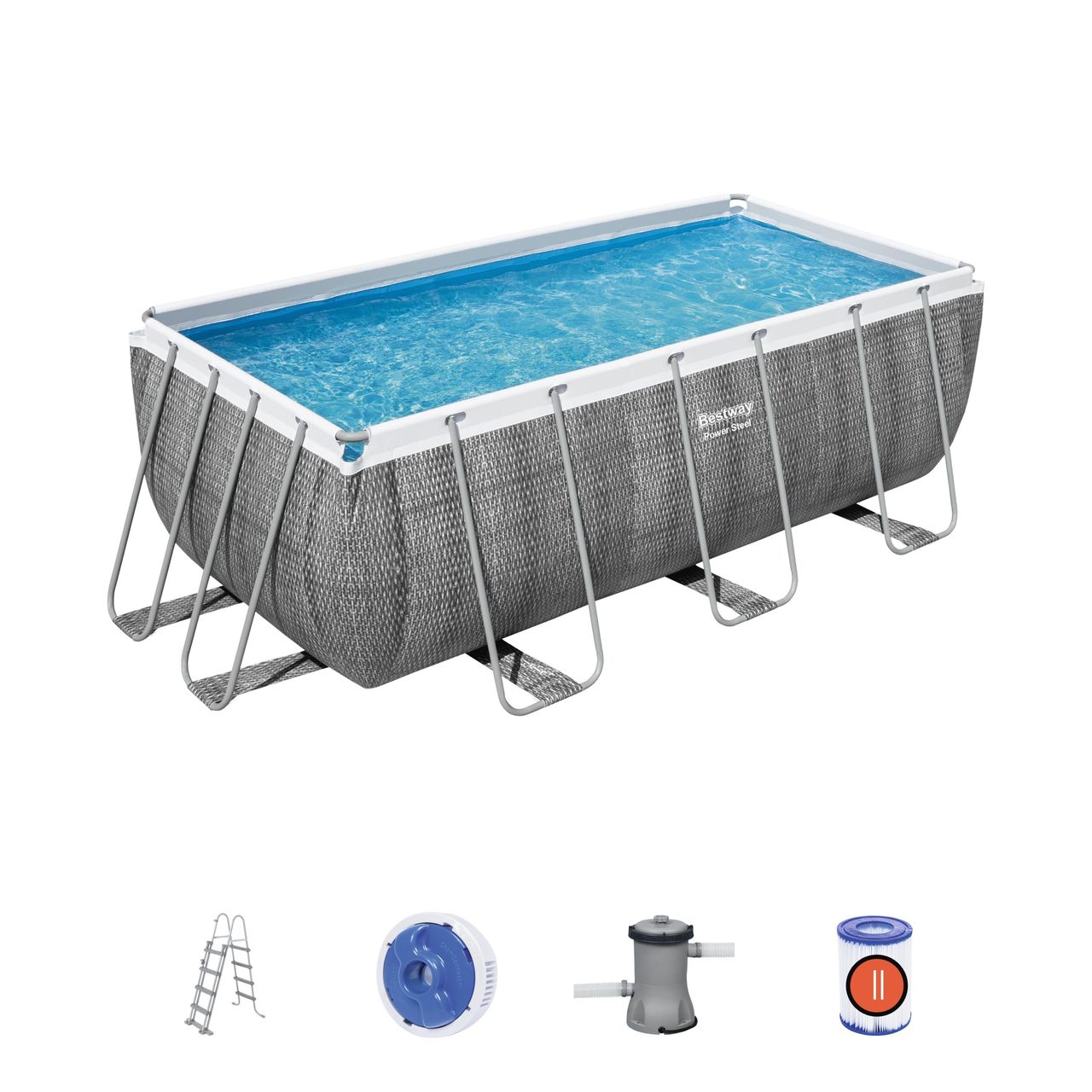 Bestway Power Steel™ Frame Pool Set mit Filterpumpe 412 x 201 x 122 cm, Rattan-Optik, eckig