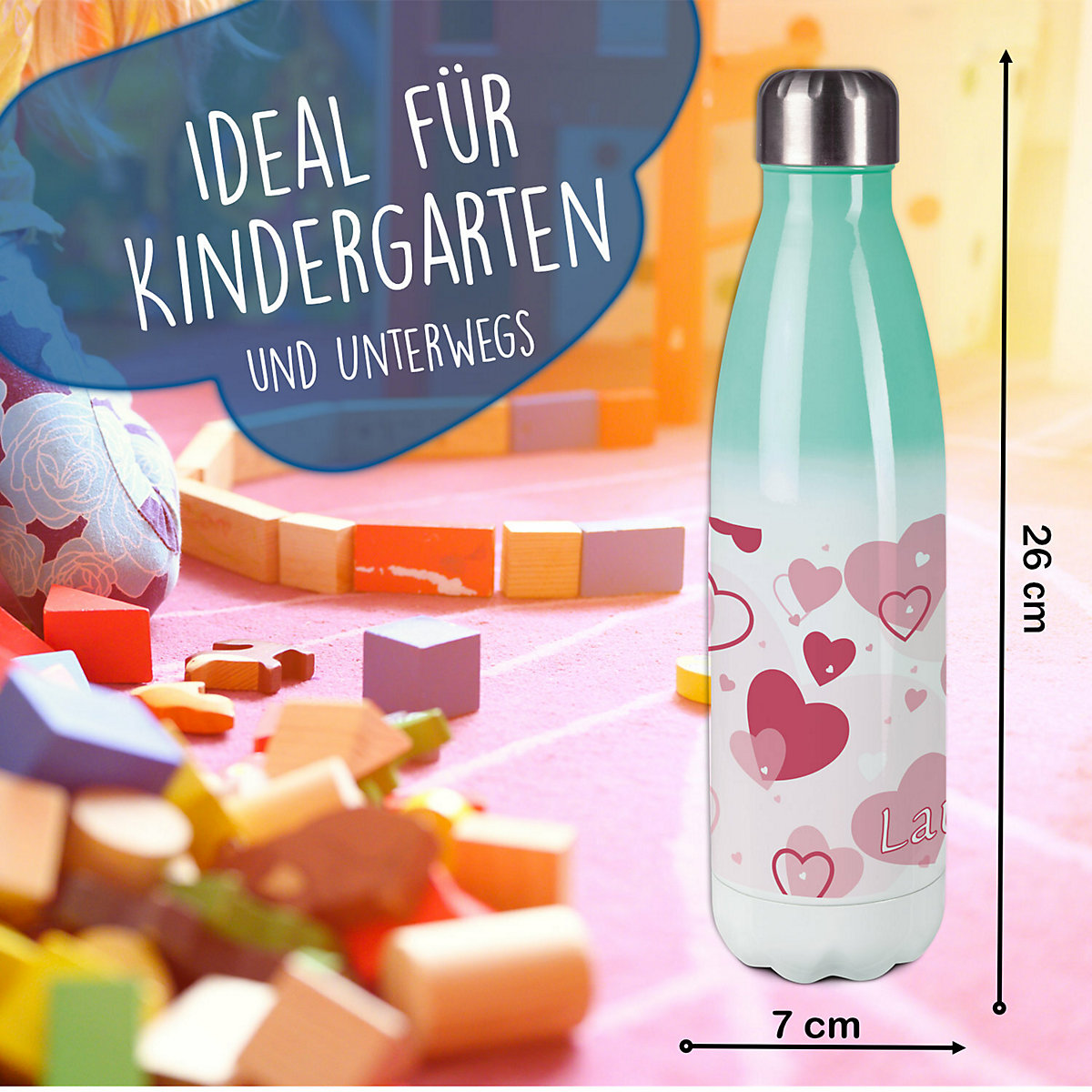 Edelstahl Kinder Thermoflasche / Trinkflasche bunt Herz Farbe rosa Spülmaschinenfest, Auslaufsicher, Bruchfest, Doppelwandig, Für Heißgetränke geeignet, Mit Deckel, Isoliert