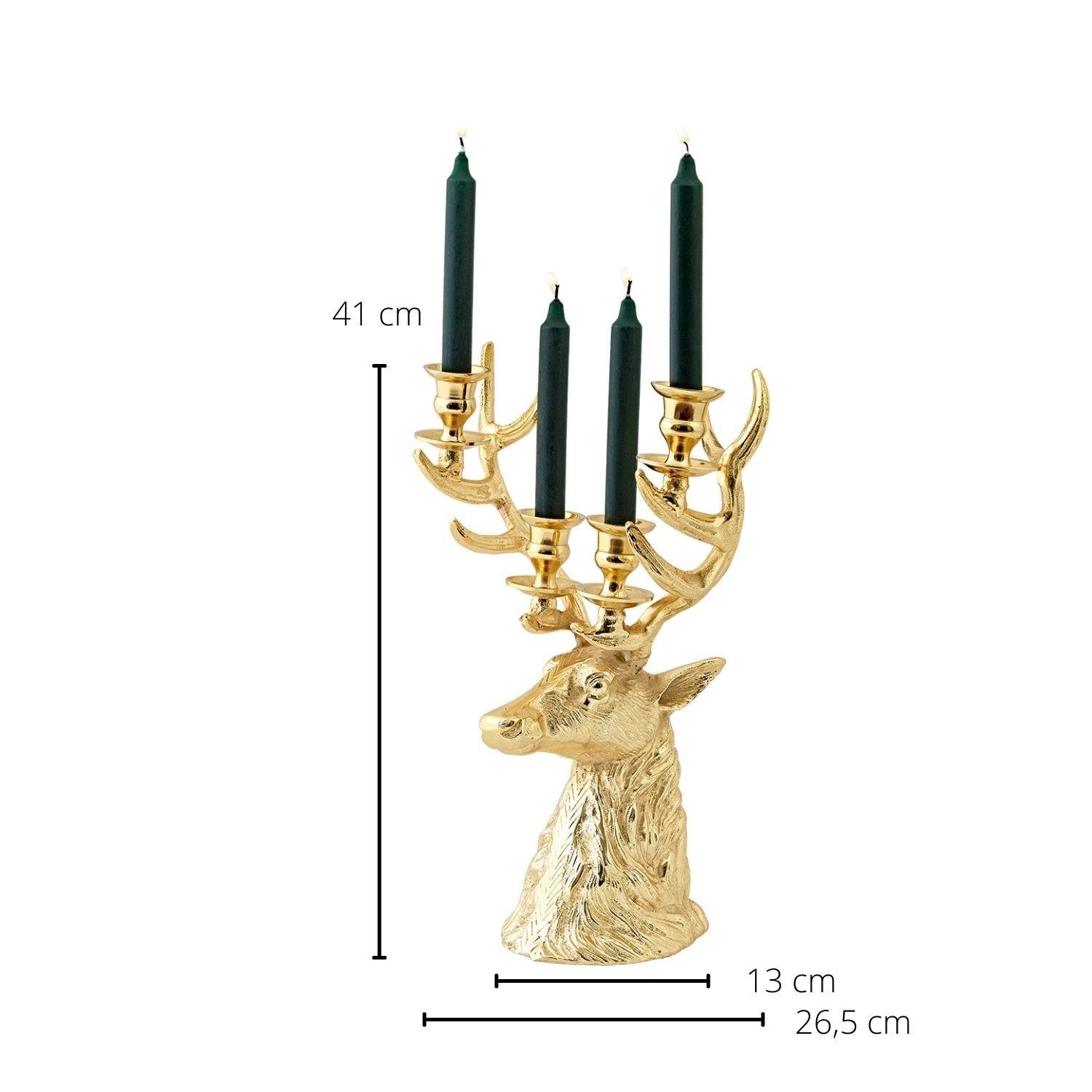 EDZARD Kerzenleuchter Richard, Kerzenständer mit Gold-Optik im Hirsch-Design, Kerzenhalter 4-Flammig für Stabkerzen, Höhe 43 cm