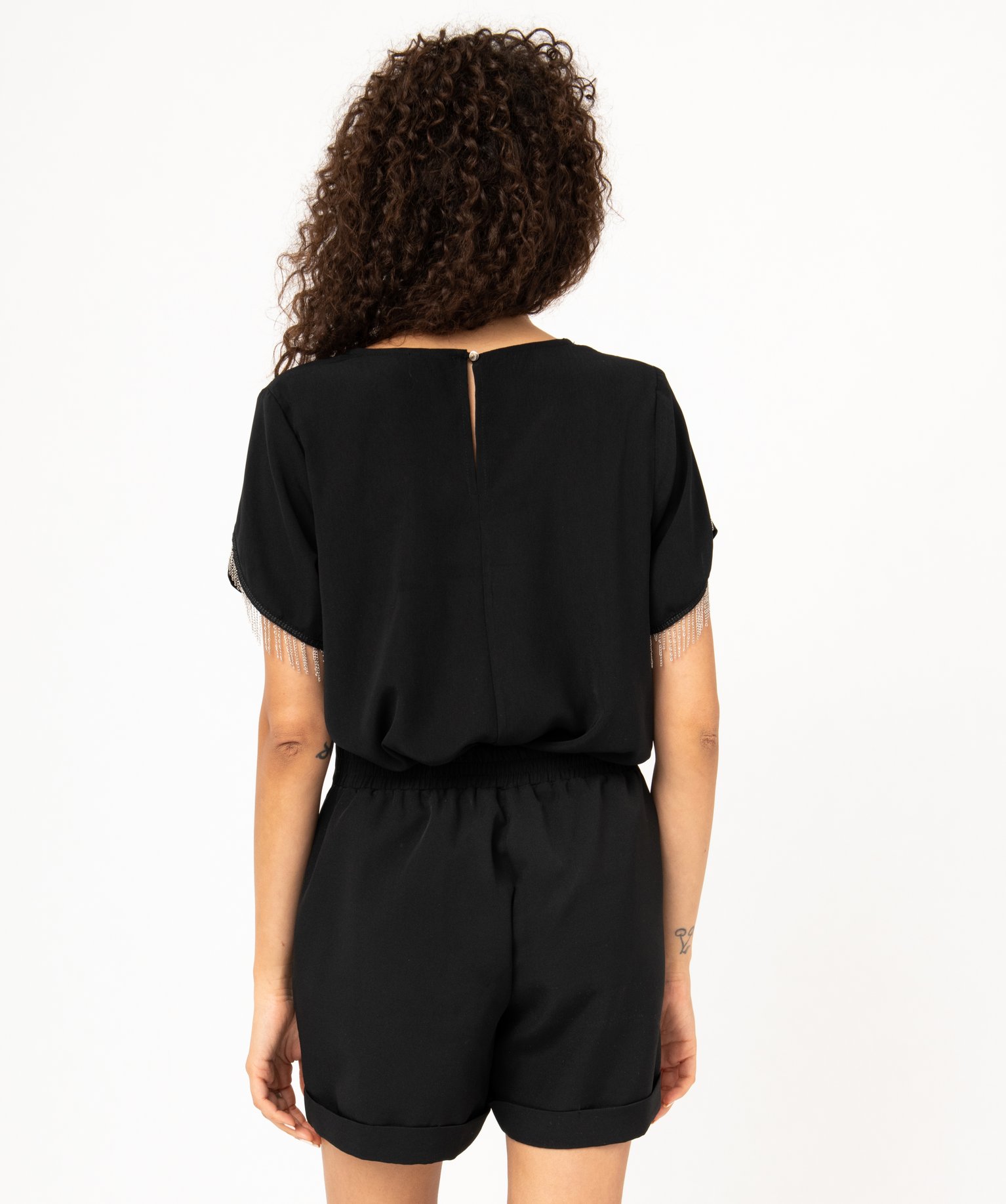 Blouse à manches courtes avec franges chaines femme noir | GEMO