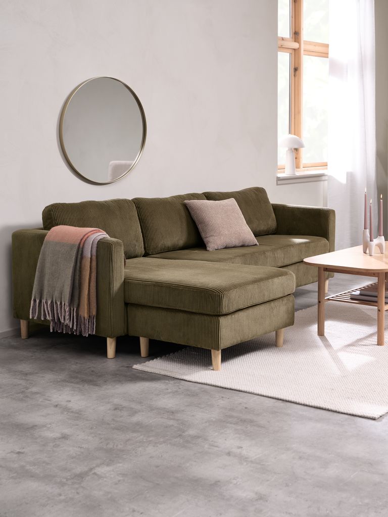 FALSLEV Sofá com chaise-longue FALSLEV veludo cotelê verde-oliva