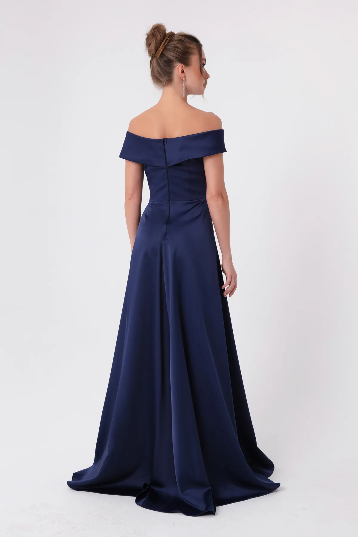 Lafaba  Marineblaues Satin-Abendkleid und Abschlusskleid mit U-Boot-Ausschnitt für Damen