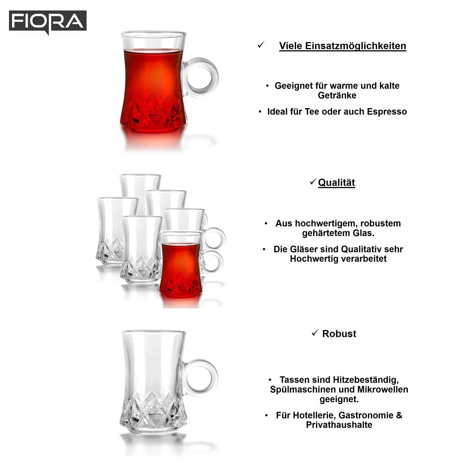 Fiora Teeglas Teeglas mit Henkel Espresso Glas Türkische Teegläser für Warm und Kalt Getränke, 6 teilig