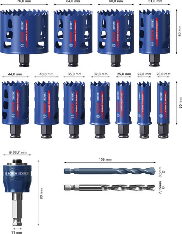 Set carotă Bosch Blue Accessories 2608901908 EXPERT Power-Change, universal, multimaterial, 20/22/25/32/35/40/44/51/60/64/76 mm, 14 piese