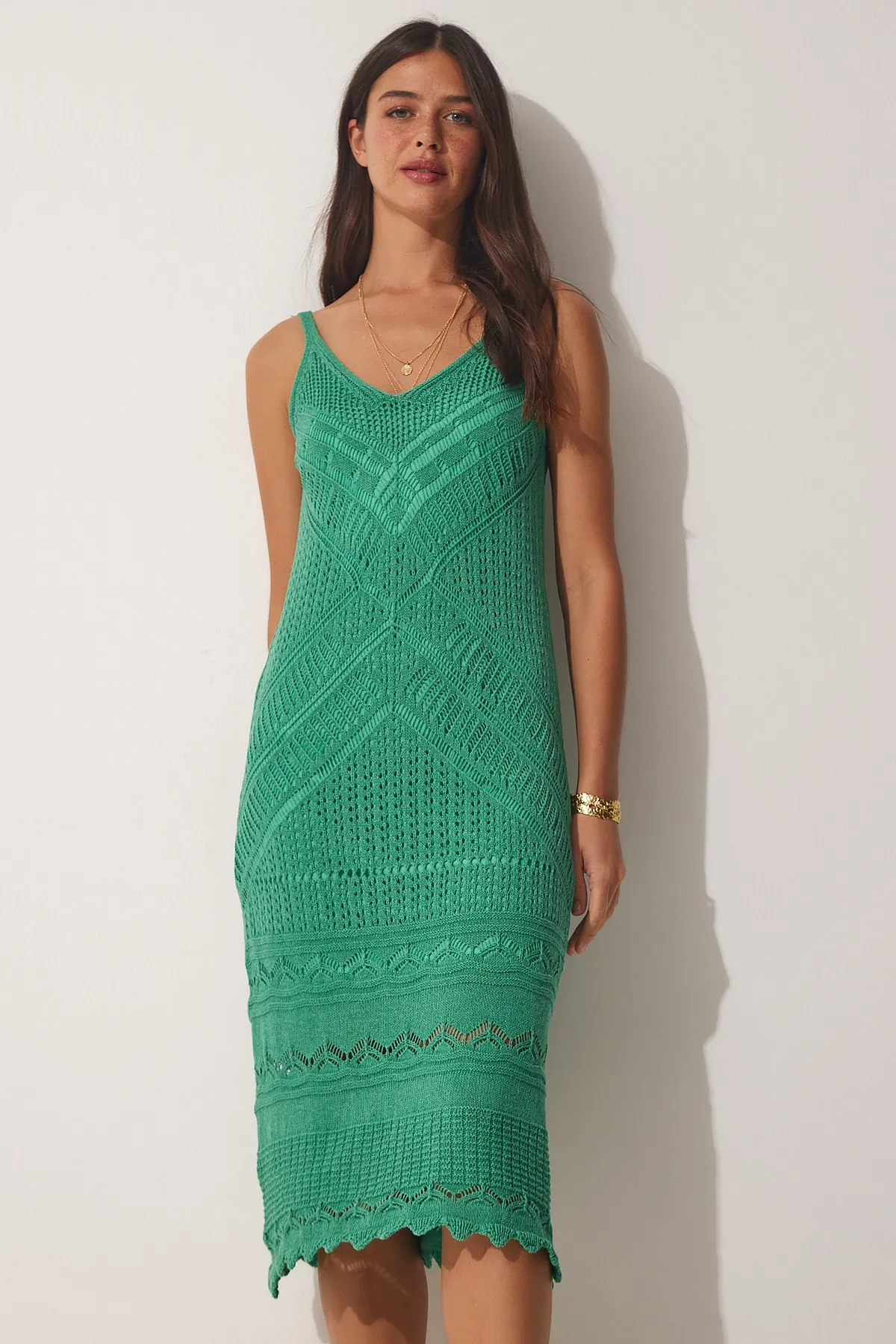 Happiness İstanbul  Grünes, durchbrochenes Sommerstrickkleid mit Trägern für Damen NS00385