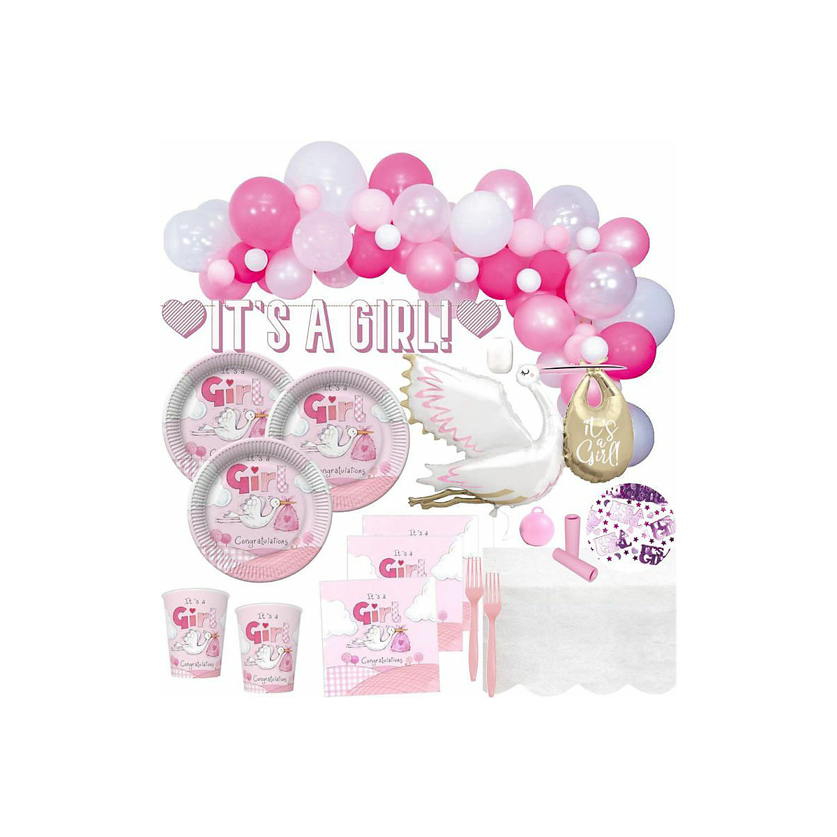 XXL Storch Baby Shower Deko Set Rosa 151 Teile für 16 Personen mit Ballongirlande