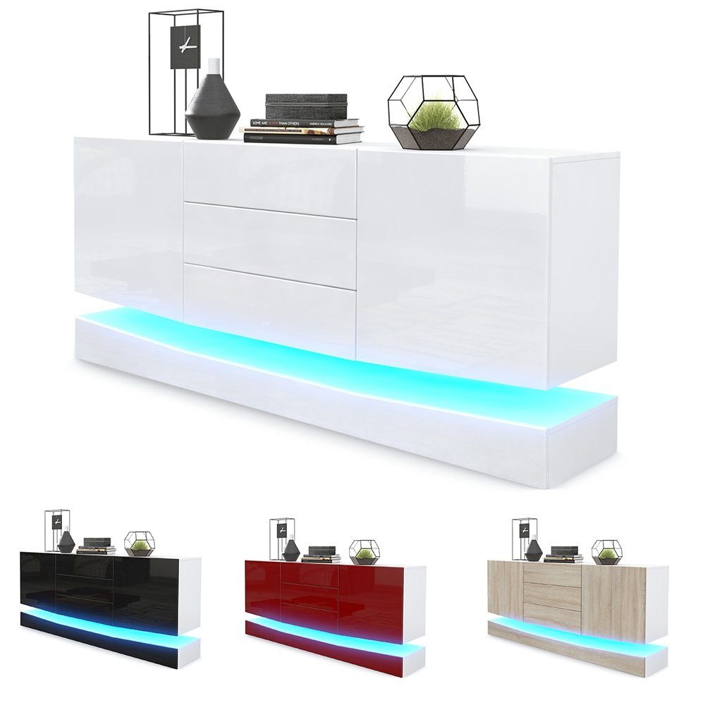 Vladon Sideboard City (Kommode, mit 2 Türen und 3 Schubladen), Weiß matt/Weiß Hochglanz (178 x 72 x 38 cm)