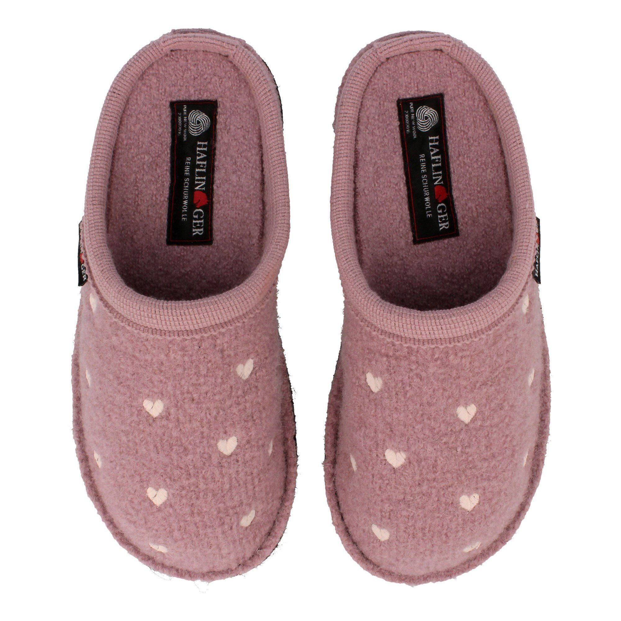 Haflinger Flair Valentine Pantoffeln aus gewalkter Wolle Herzmotiv Unisex Hausschuh