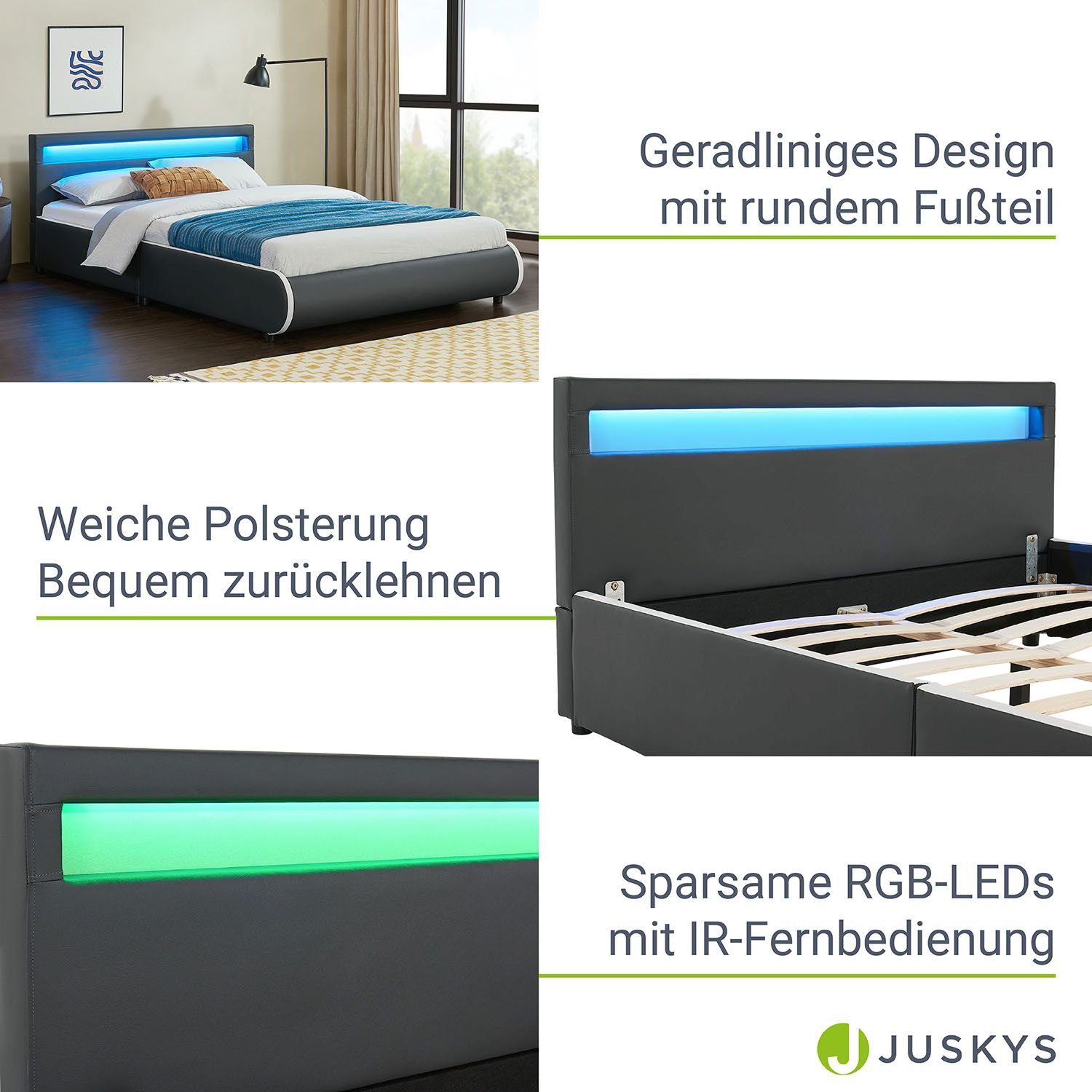 Juskys Polsterbett Sevilla, 140x200 cm, RGB-LED, Kunstleder, gepolstertes Kopfteil